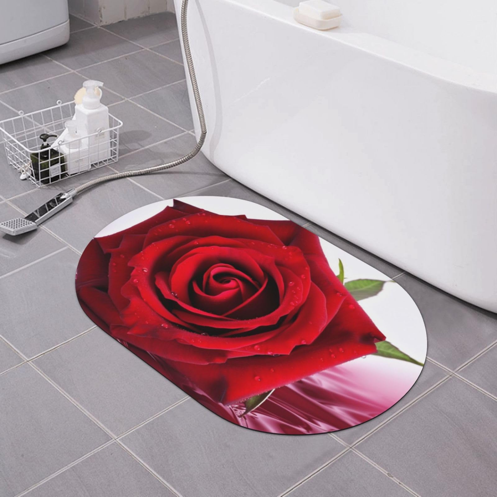 Tapis antidérapant salle de bain motif rose rouge absorbant