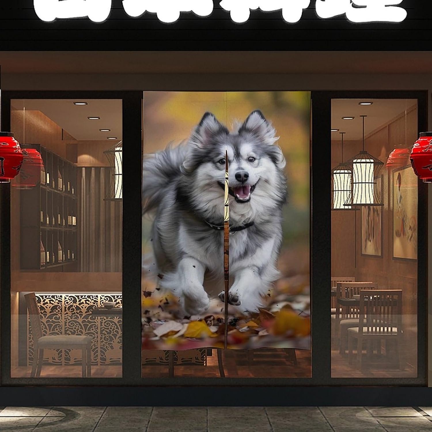 Pomsky Dog Mini Husky Mixed Noren Doorway Split Shower Curtain Long Type Window Treatment for Privacy Partition Divider