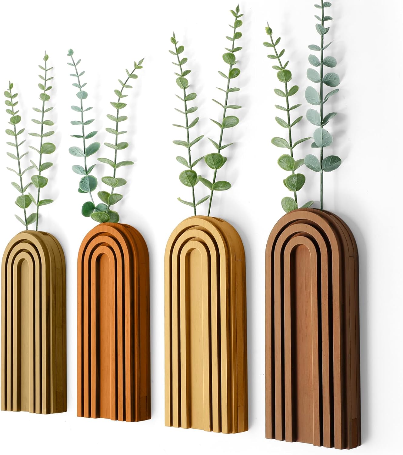 4 Pack Boho Wood Hanging Planters - Indoor Wall Decor Plant Holders for Modern Farmhouse Living Room Bedroom Rainbow Decor (Mixed Colors)