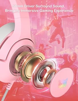 PHNIXGAM Gaming Headset for PS4, PS5, Xbox One Series X/S(No Adapter), PC, Laptop, 3.5mm Cat Ear Headphones with Retractable Microphone, RGB Backlight and Surround Sound (Pink)