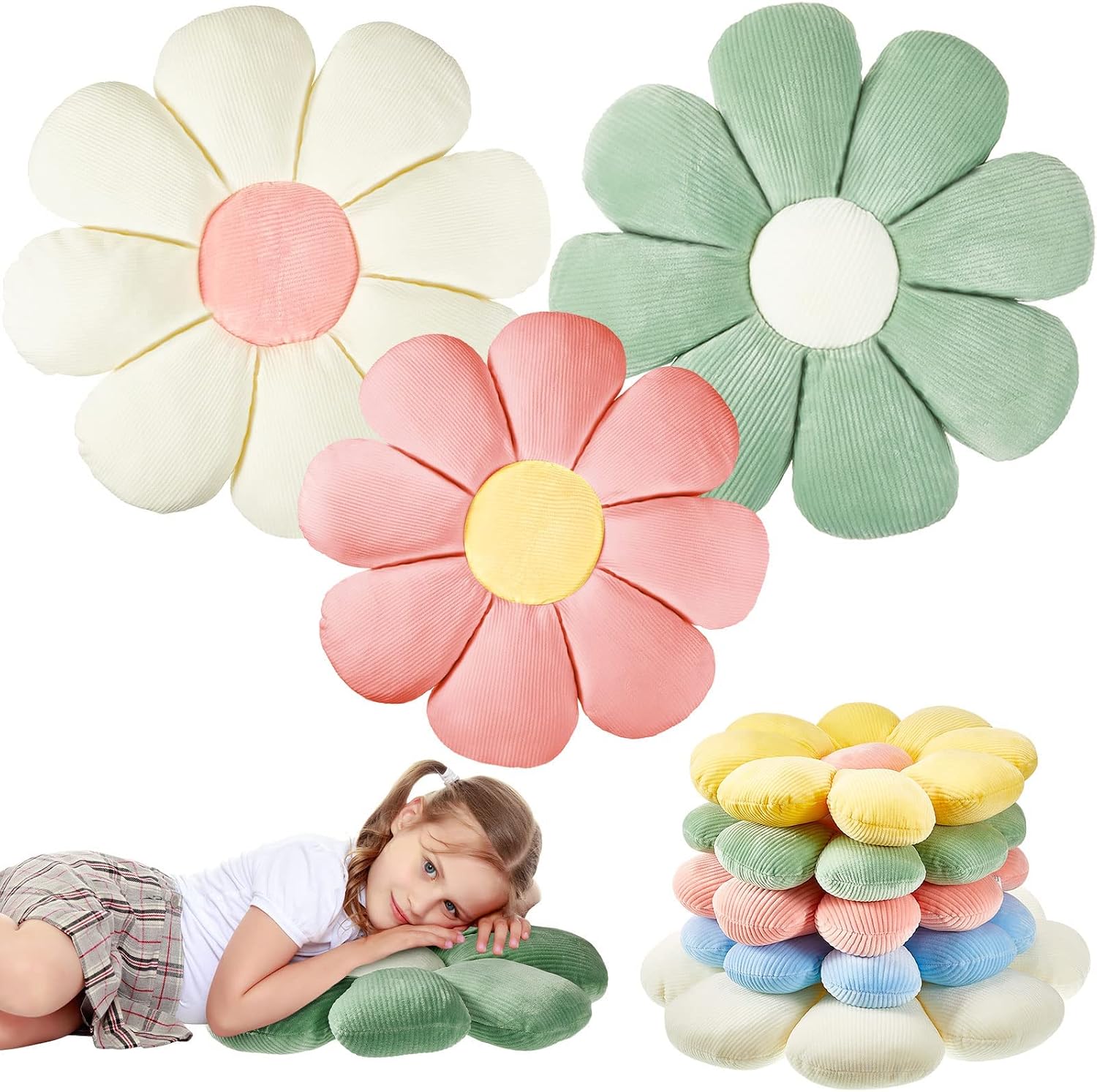 Yulejo plush fabric, down cotton, 3 Pcs Daisy Flower Shaped Throw Pillow Cute Floor Cushion Seating Room Decor for Reading (White, Green, Pink, 15/ 21.6/ 21.6 in), Piece Assortment