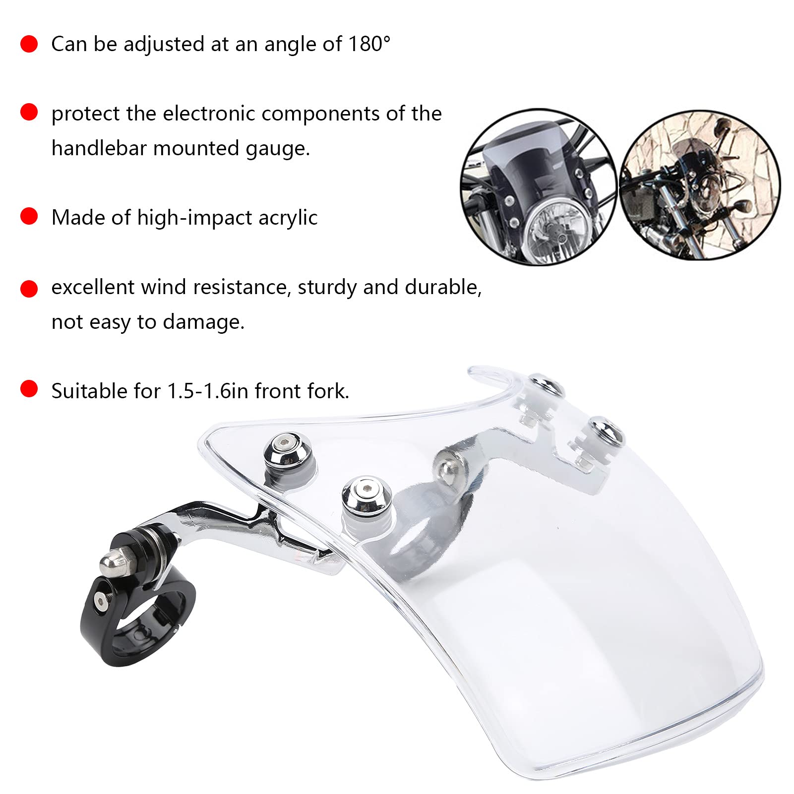 Universal Motorcycle Windshield - 180° Adjustable, Fits 1.5-1.6in Front Forks, Acrylic Material, Black