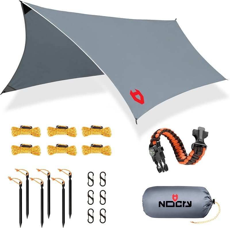 Lona ligera para acampar de supervivencia Rain Fly12x10; 100% impermeable; Es una excelente lona para mochileros o refugio para hamacas; Viene en varios colores, pulsera de supervivencia incluida; Gris