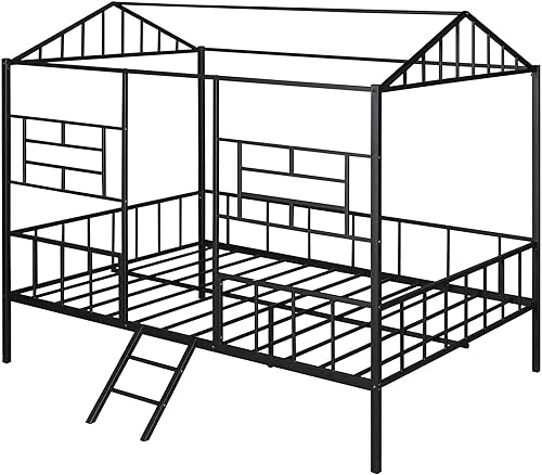 Miniatura 4 de Cama de metal tamaño matrimonial, marco de cama de acero con soporte de listones y escalera para niños, adultos, dormitorio, no necesita somier,
