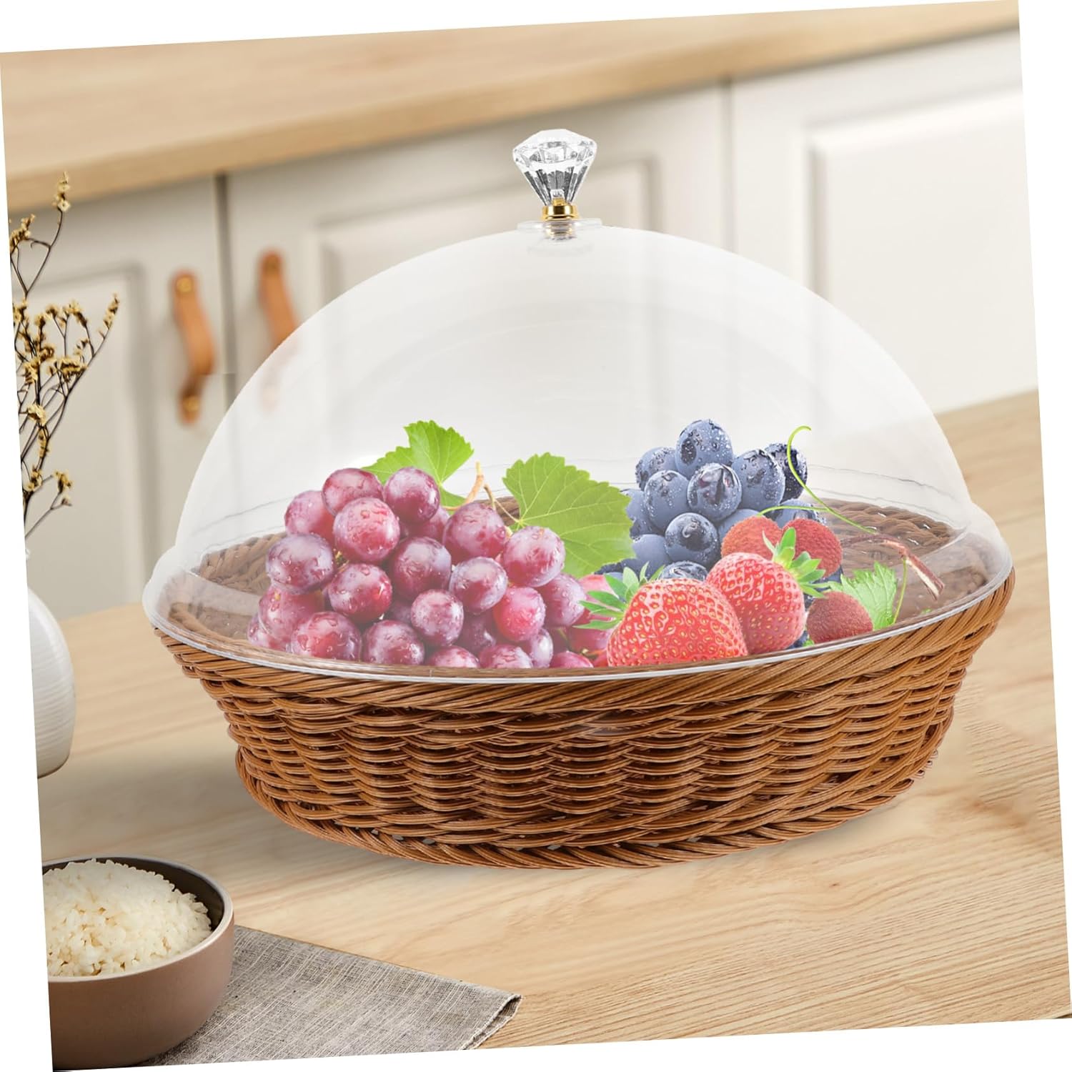 BESPORTBLE Round Imitation Rattan Woven Storage Basket with Lid for Fruits Snacks Bread Food Preservation Tray for Home Bakery Office Portable and Easy to Clean Tea Color