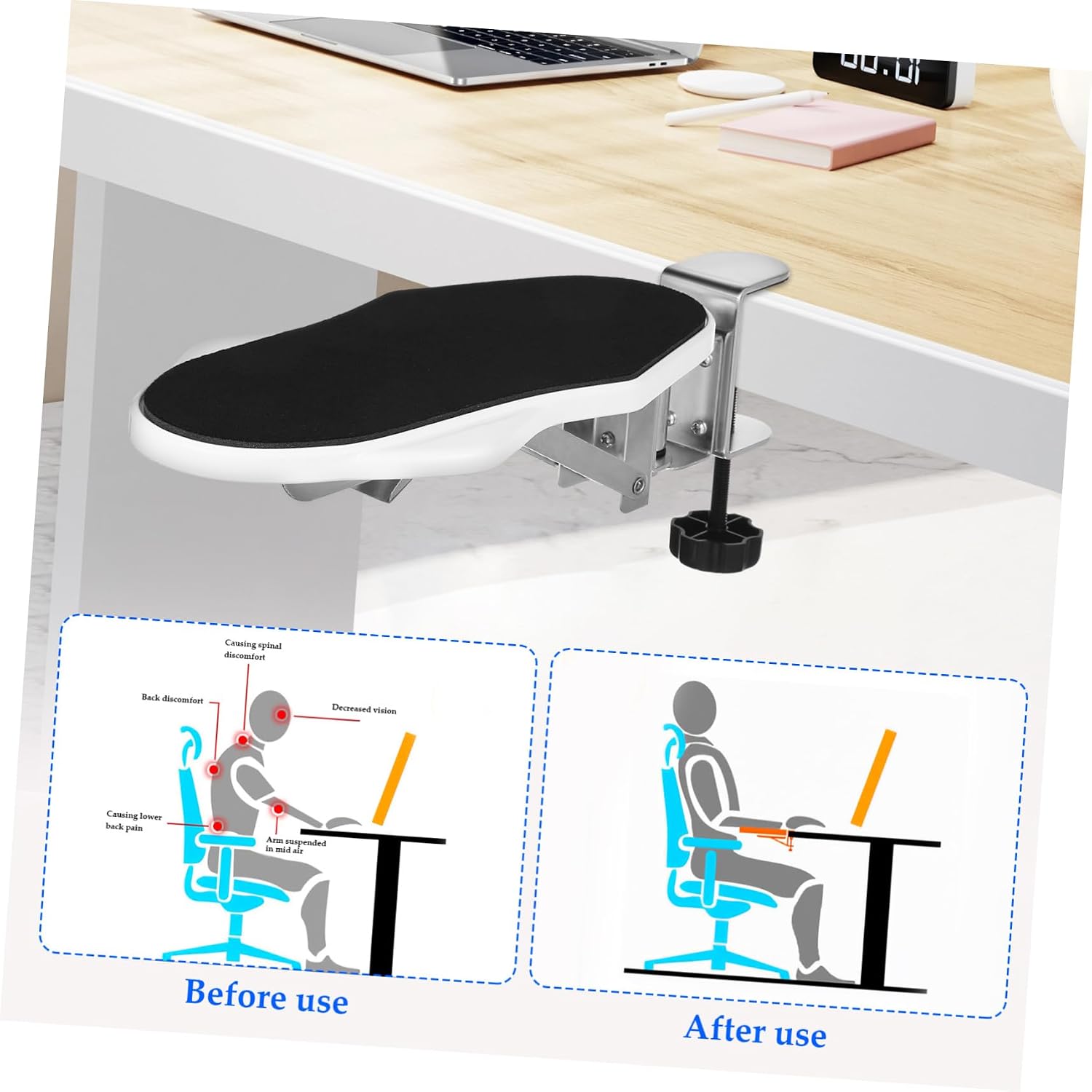 TEHAUX Ergonomic Computer Desk Armrest Clamp Extender Wrist Rest for Office Gaming