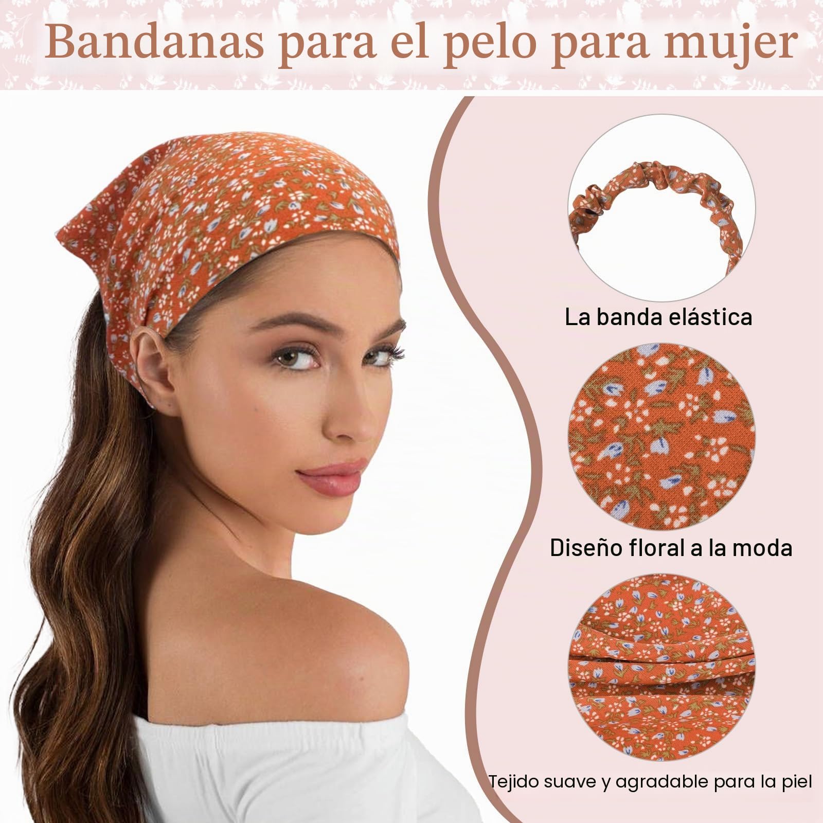 Pañuelos para mujer con flores, diademas elásticas boho de gasa, accesorio para el cabello para mujer y niña