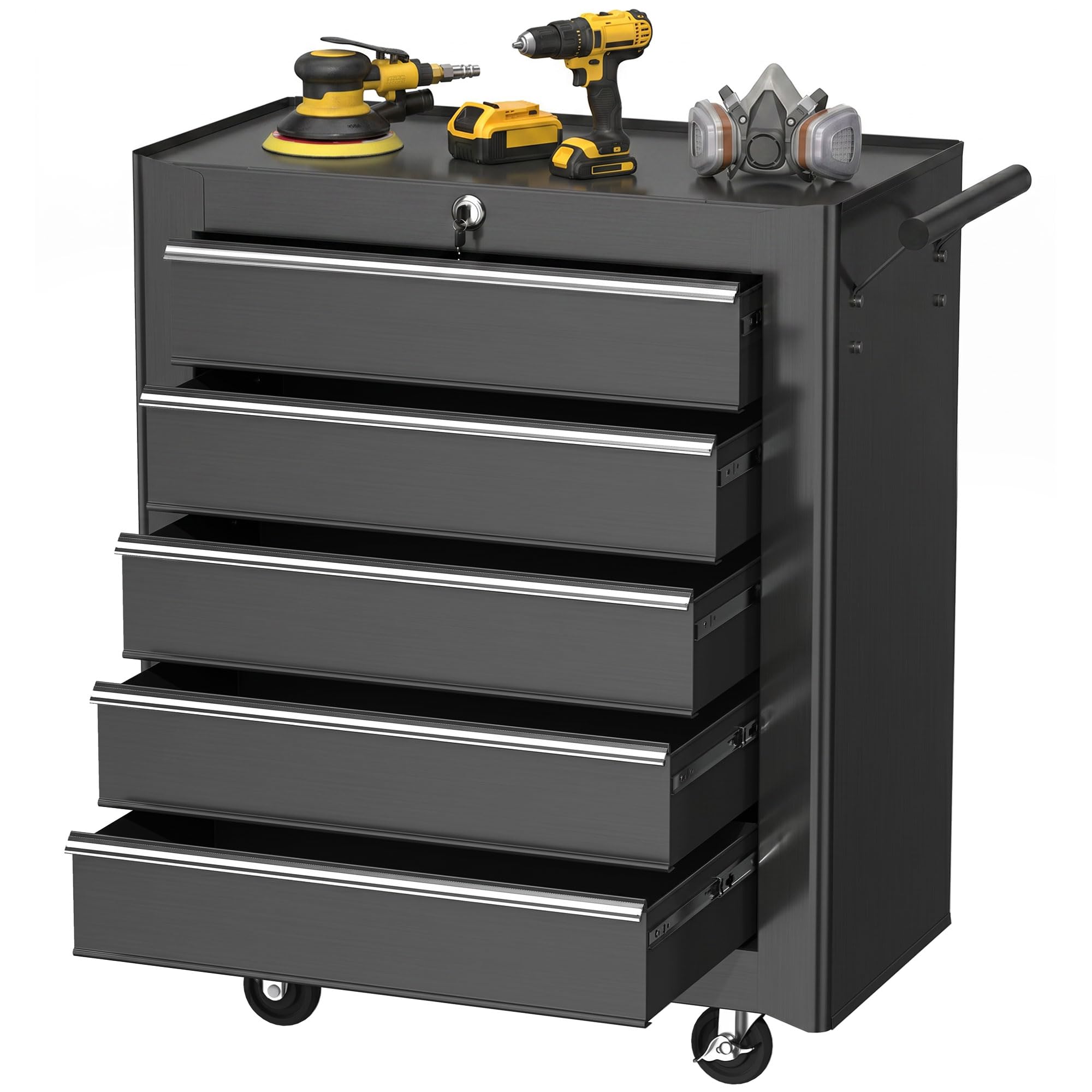 Homcom Unisex Black 5-Drawer Tool Chest Steel Lockable Tool Storage Cabinet W/ Wheels In