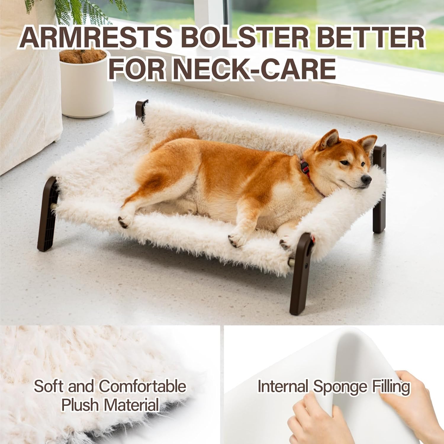 review MEWOOFUN Raised Dog Bed, 34 Inches Elevated Dog Cots Beds for Medium Dogs, Comfy Plush Portable Dog Sofa Bed for Indoor or Travel (Plush Beige)