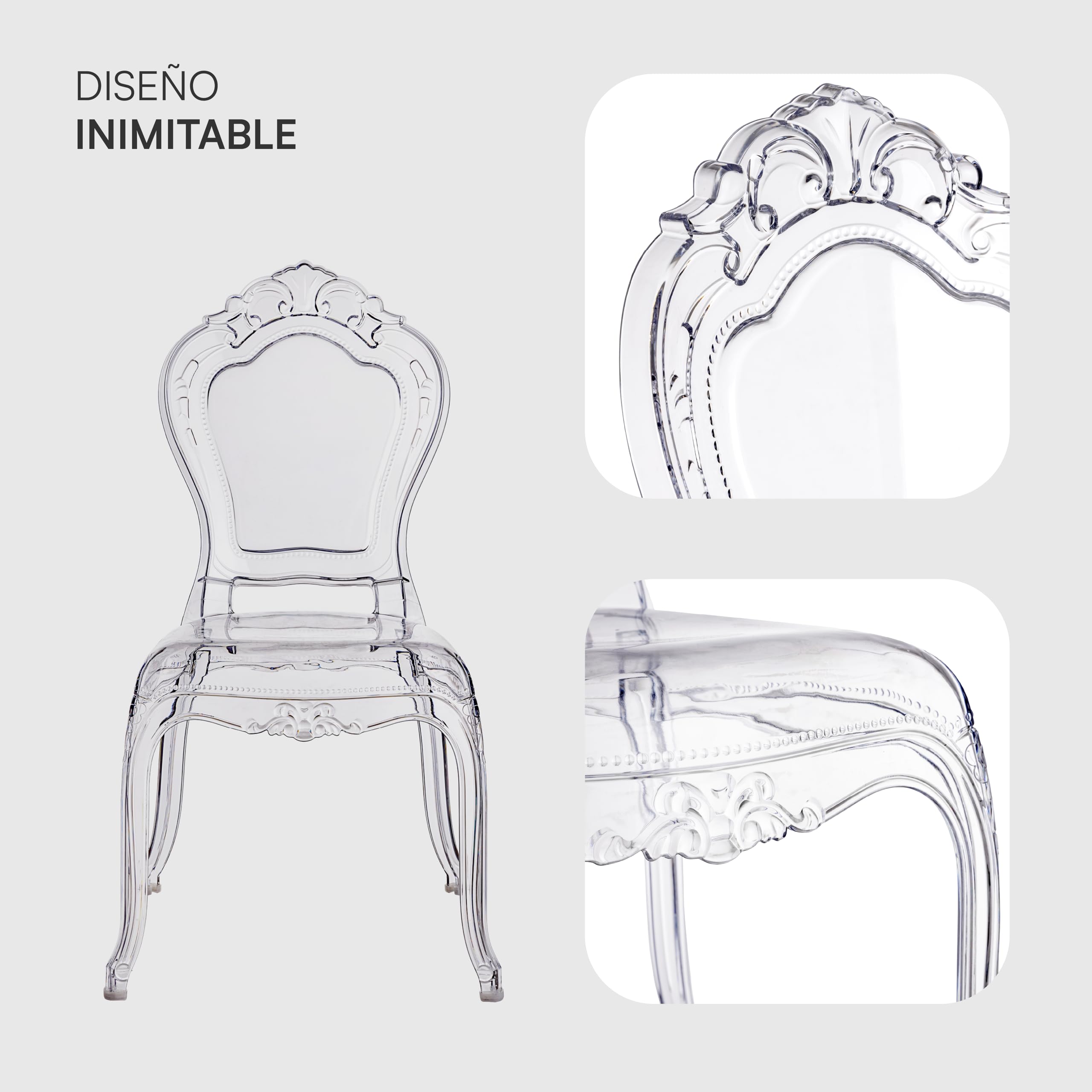 Baroni Home Set de 4 Sillas de Policarbonato Transparente, Asiento de Diseño Elegante Apilable e Impermeable para Sala de Estar, Comedor, Dormitorio, 48X46X98 cm, Esmerli