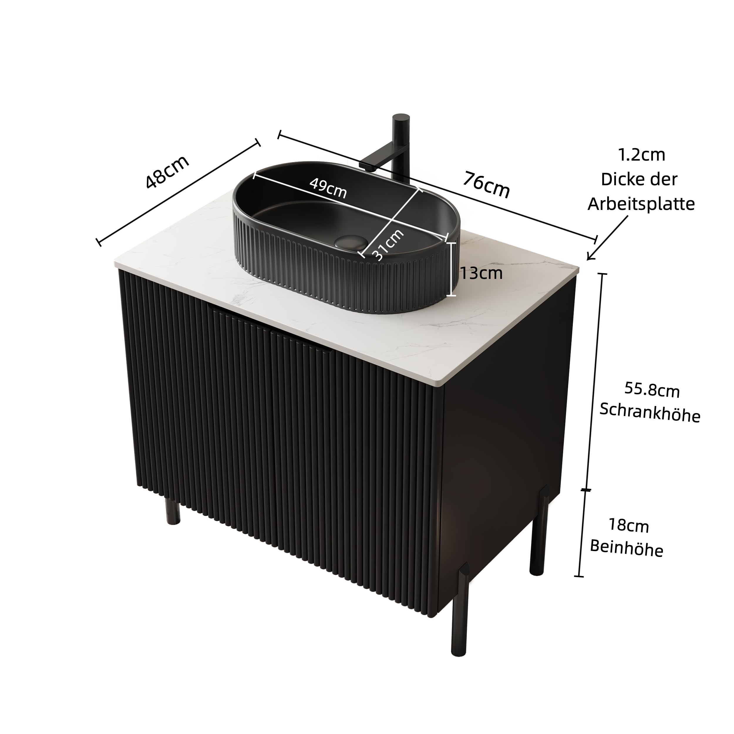 HaoChrymec Mobile Lavabo Bagno Freestanding con Ceramica e Pietra Sinterizzata, Ante Doppie con Chiusura Soft Close, Mobile Bagno da Terra, Lavabo Ovale, Adatto a Bagno e Toilette, Nero, 76x48x88 cm