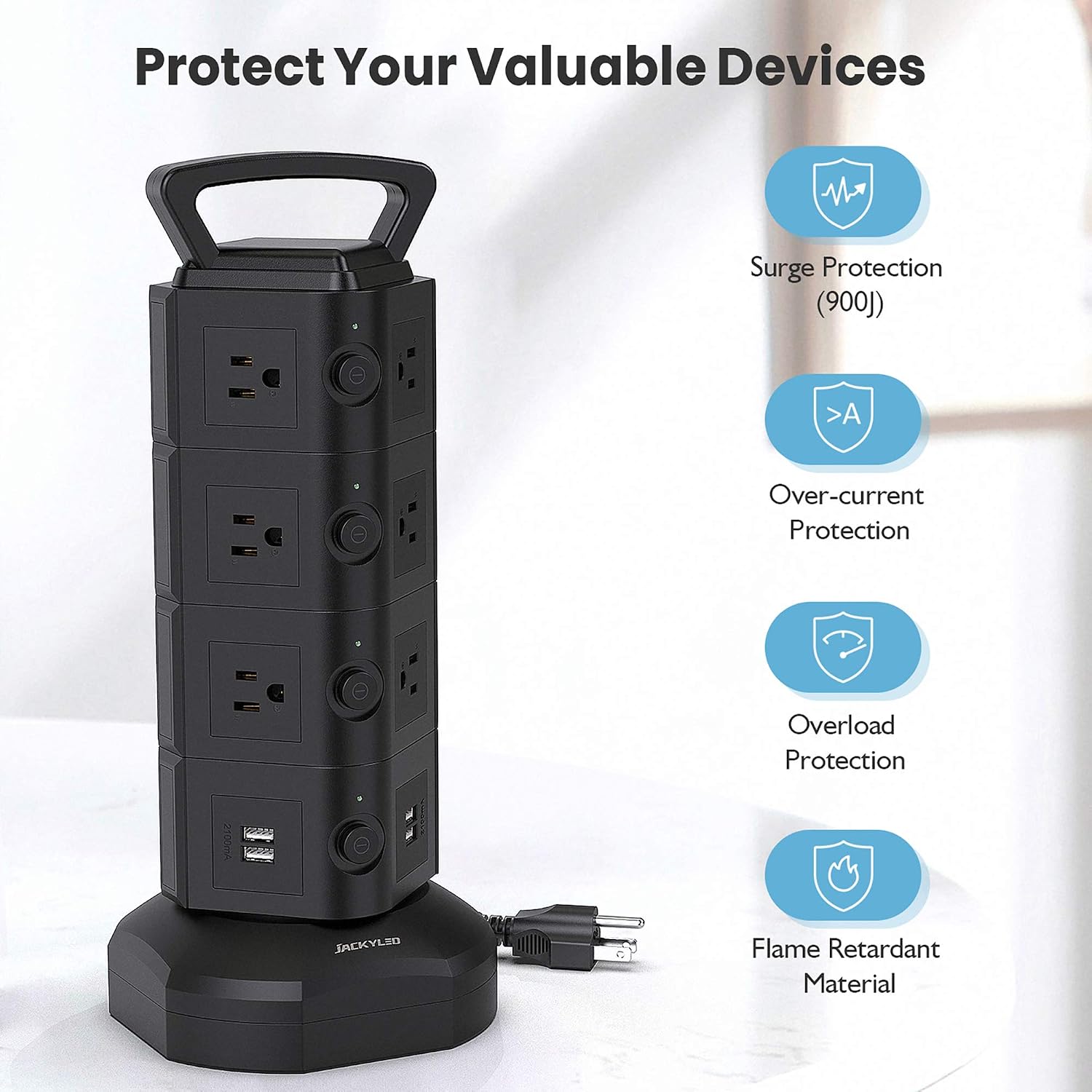Hot Deals JACKYLED Power Strip Tower Surge Protector with 14 AC Outlets and 4 USB Ports Electric Charging Station 6.5ft Heavy Duty Extension Cord for Home Office Multiple Devices Black Review Product JACKYLED Power Strip Tower Surge Protector with 14 AC Outlets and 4 USB Ports Electric Charging Station 6.5ft Heavy Duty Extension Cord for Home Office Multiple Devices Black