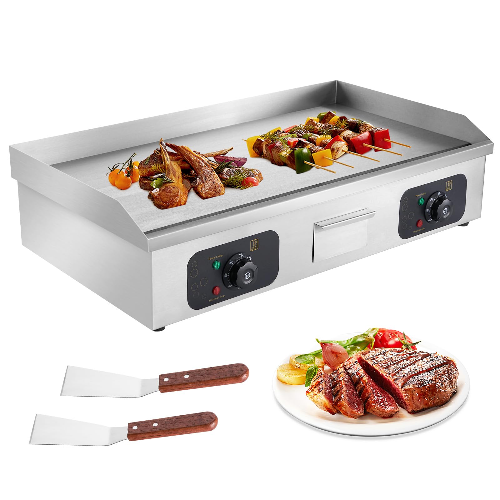 29’ Commercial Electric Griddle, 3200W Countertop Flat Top Griddle, Teppanyaki Stainless Steel Griddle, Adjustable Temperature Control 122°F-572°F (NO PLUG), 2 Shovels