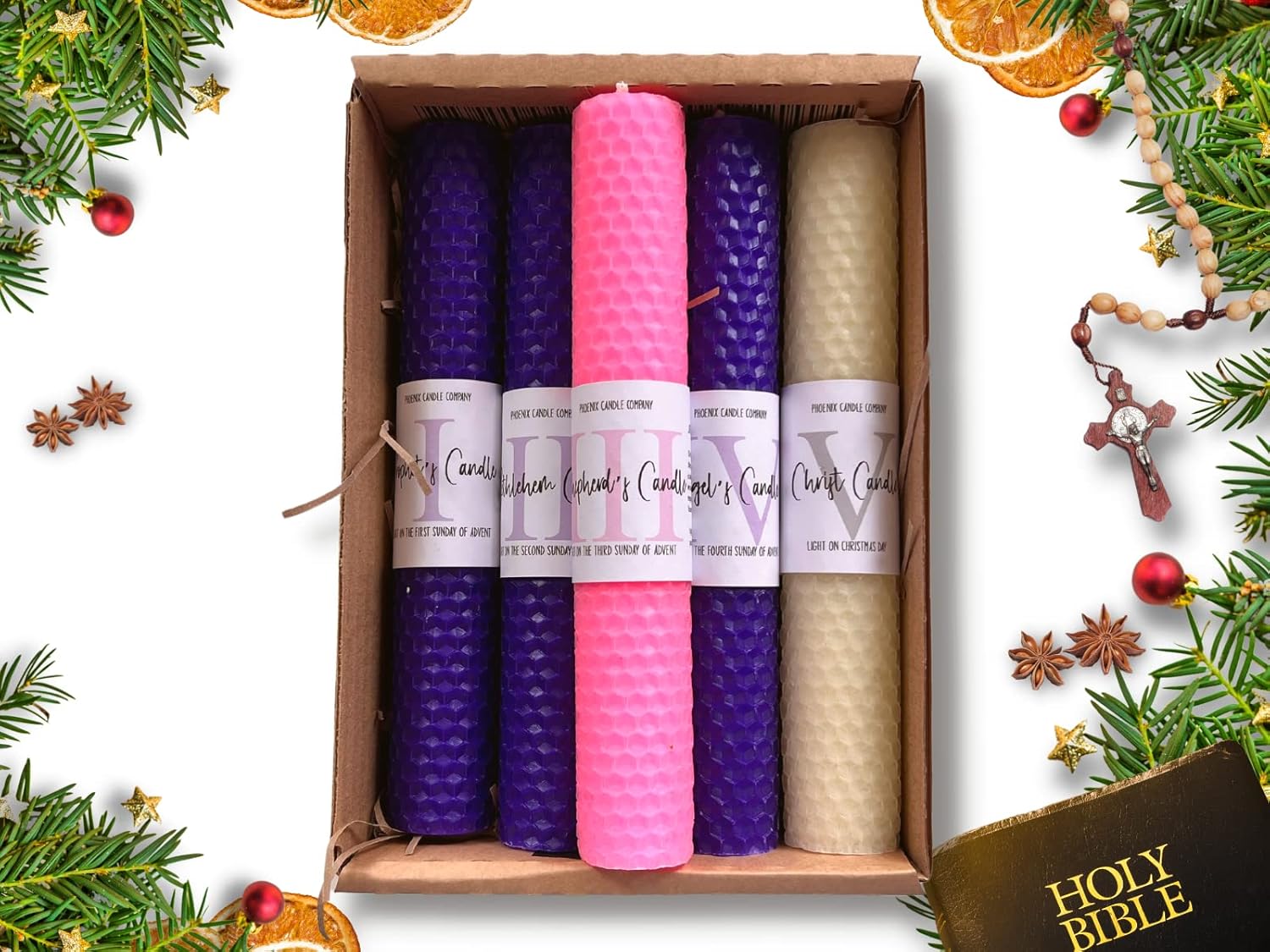 Phoenix Candle Company Tall Beeswax Advent Pillar Candles Set with