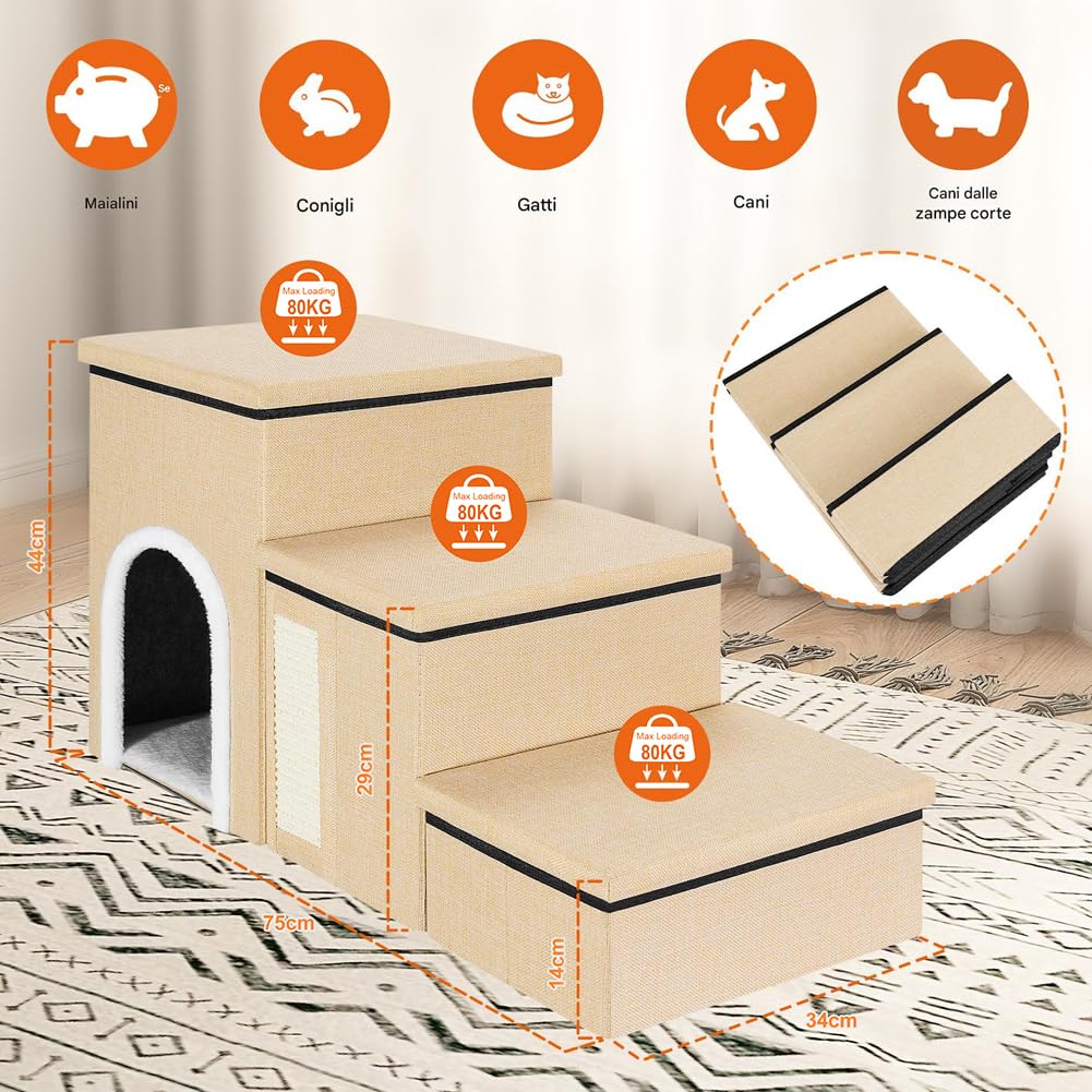 BAKAJI Scale per Cani e Gatti 3in1 Pieghevole in Poliestere Beige, Scala per Animali Domestici Multifunzione, Scaletta Vano Contenitore e Cuccia Casetta, Gradini Ergonomiche, Fondo Antiscivolo