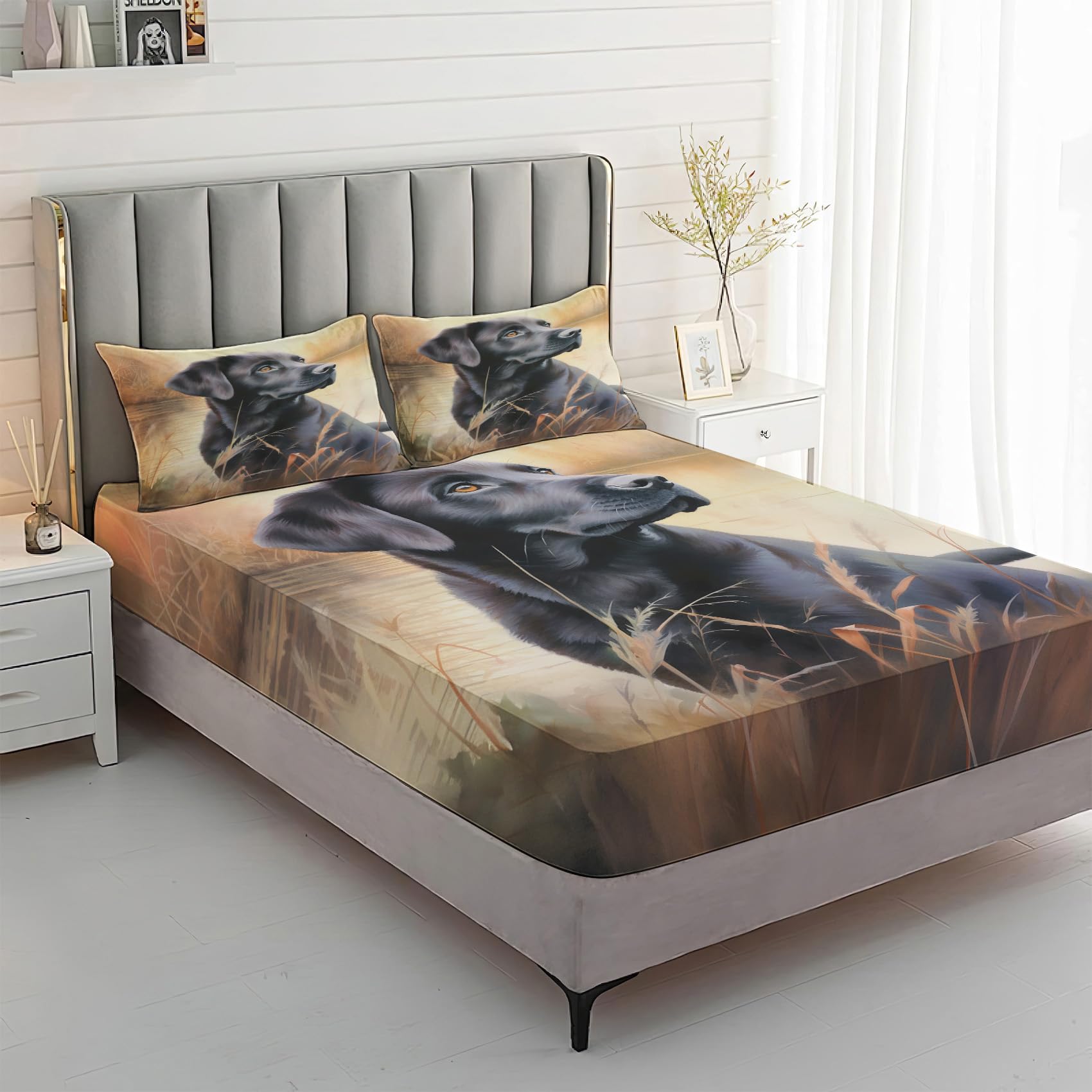 Zvynqour Labrador Sheets Full Size - Black Dog Bed Sheets - Deep Pocket Fitted Sheets & Flat Sheets & Pillowcases 4 Piece Set - Puppy Bedding & Decor - Soft Cosy Microfibe