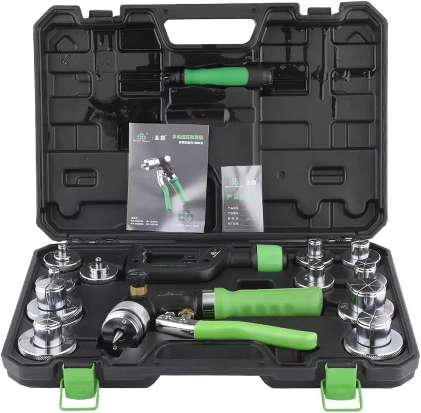 Kit expansor de tuberí hidrá con cortatubos y 7 cabezales de prensado para tuberí de cobre de 3/8 a 1-1/8 pulgadas.