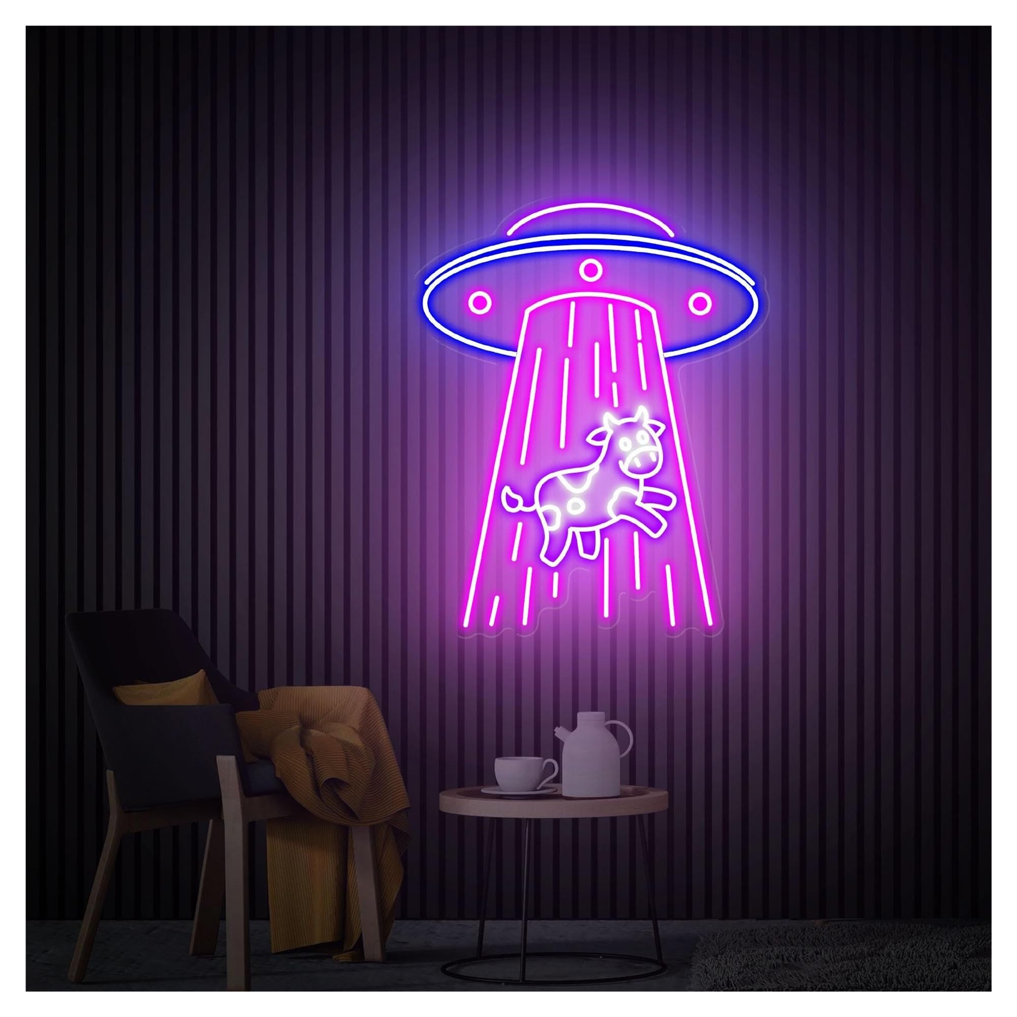RONGCH Hanging Art Signs UFO Kidnapping Cow Neon Sign,Suitable for Bedroom Decor with Dimmable 48cmx60cm(B)