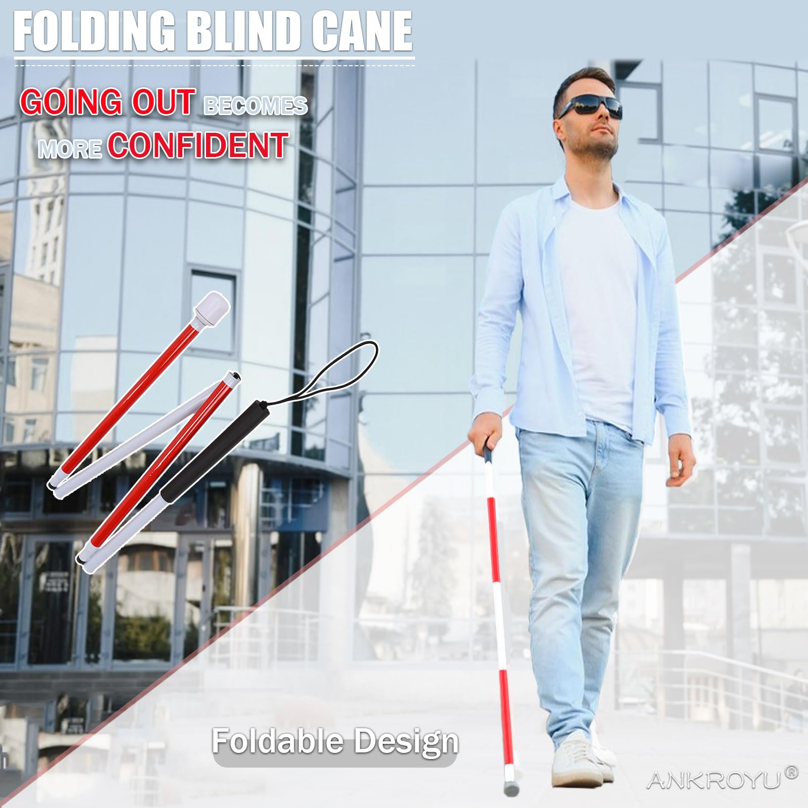 Bastone Cieco Pieghevole, Canna Riflettente in Lega di Alluminio, Bastone Cieco Bianco, Bastone Guida Per Anziani E Non Vedenti,125cm