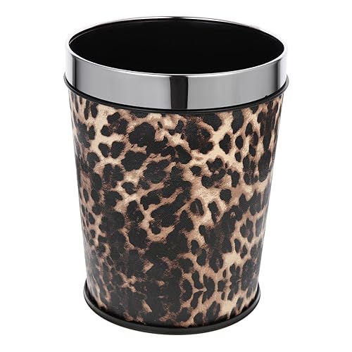 Healeved Cubo de basura para baño, cubo de basura retro, cubo de basura con diseño de leopardo, papelera decorativa con anillo de metal para el