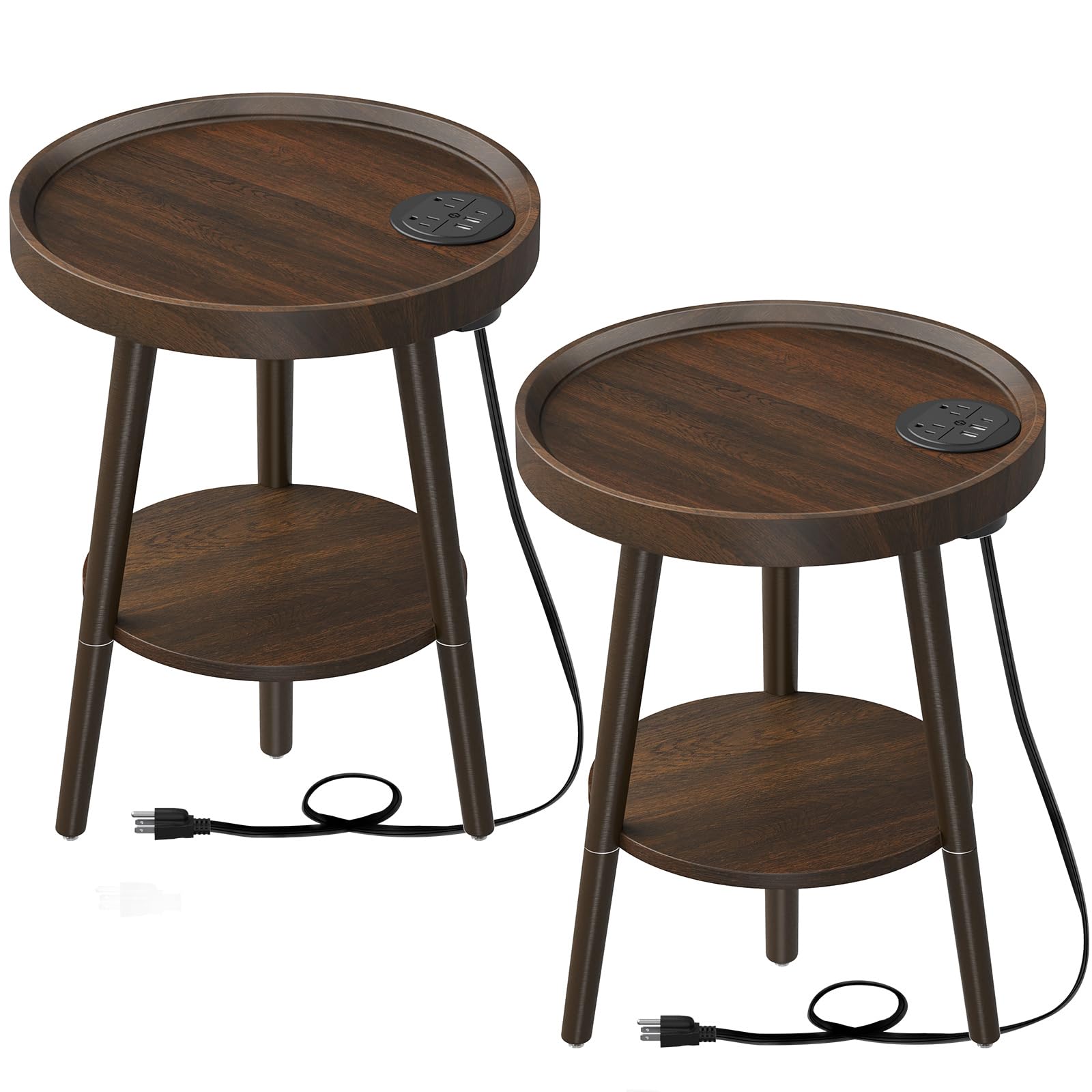 GREENSTELL End Table with Charging Station, Round Side Table with Storage Shelf, USB Ports and Anti-drop Fence, 2-Tier Small Nightstand Sofa Table for Living Room, Bedroom 15.0*15.0*20.4inches(2 Pack)