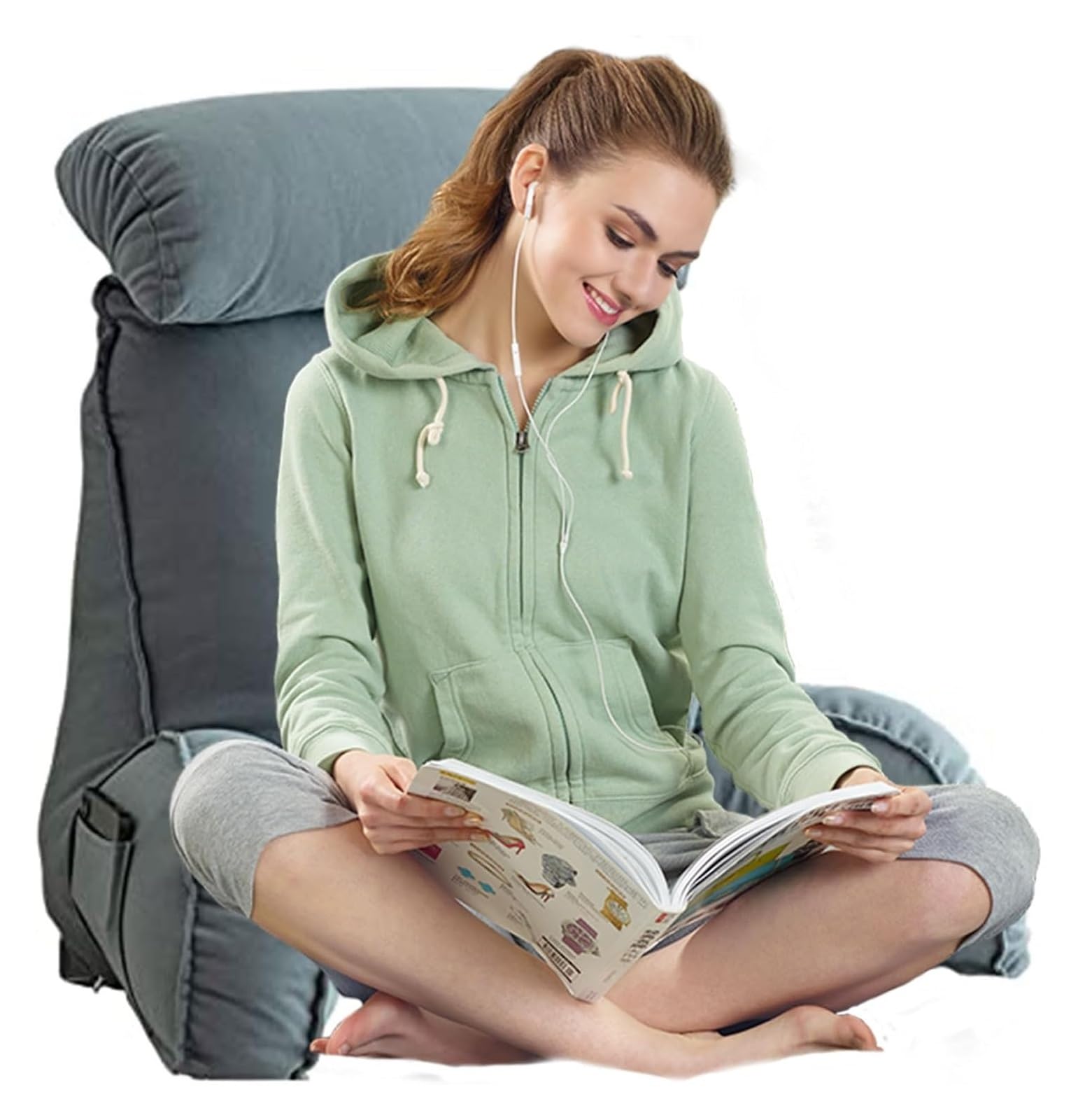 Iulgfsc Blue Gray Reading Pillow， Reading Pillow & Back Rest With Arm,Adult Backrest Lounge Cushion