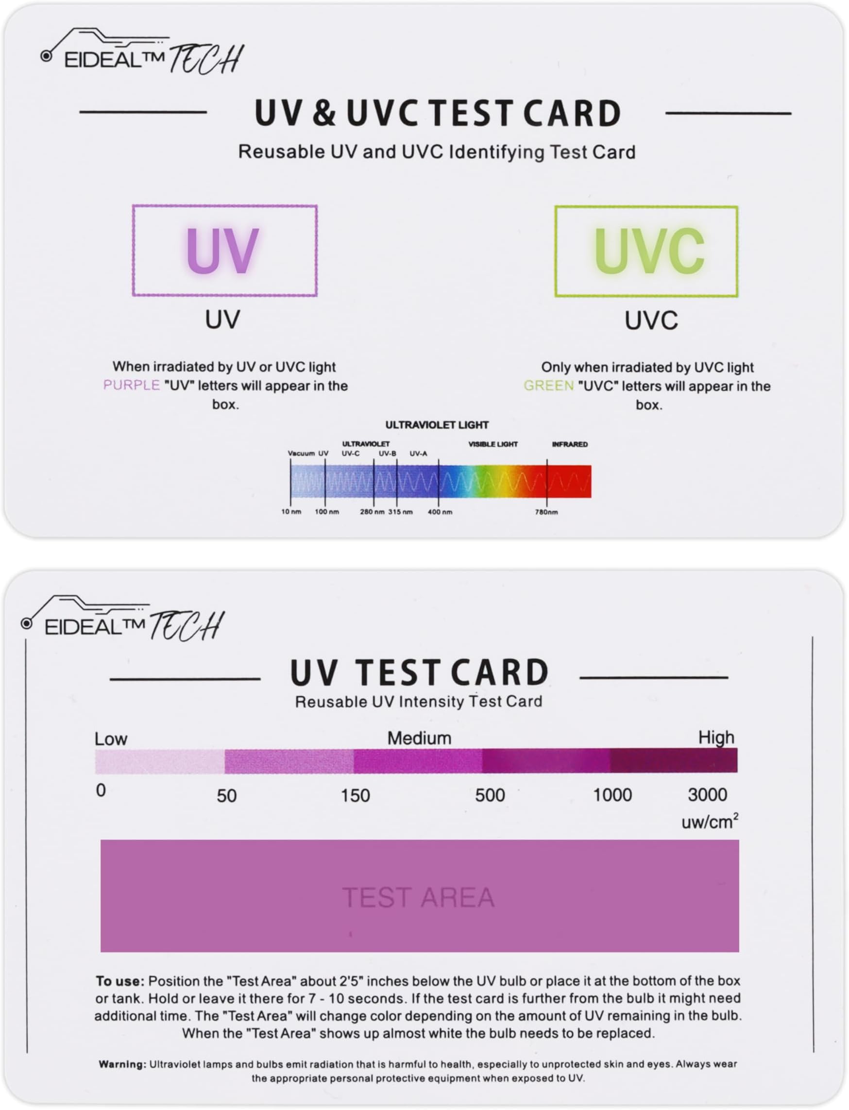 EIDEAL™ | UV & UVC Test Card & UV Intensity Test Card | 3-in-1 UV Test Card | UVA & UVC Light Identifying Card | UV Bulb & LED Intensity Reading Card | UV Dosage Indicator Card | UVB Tester