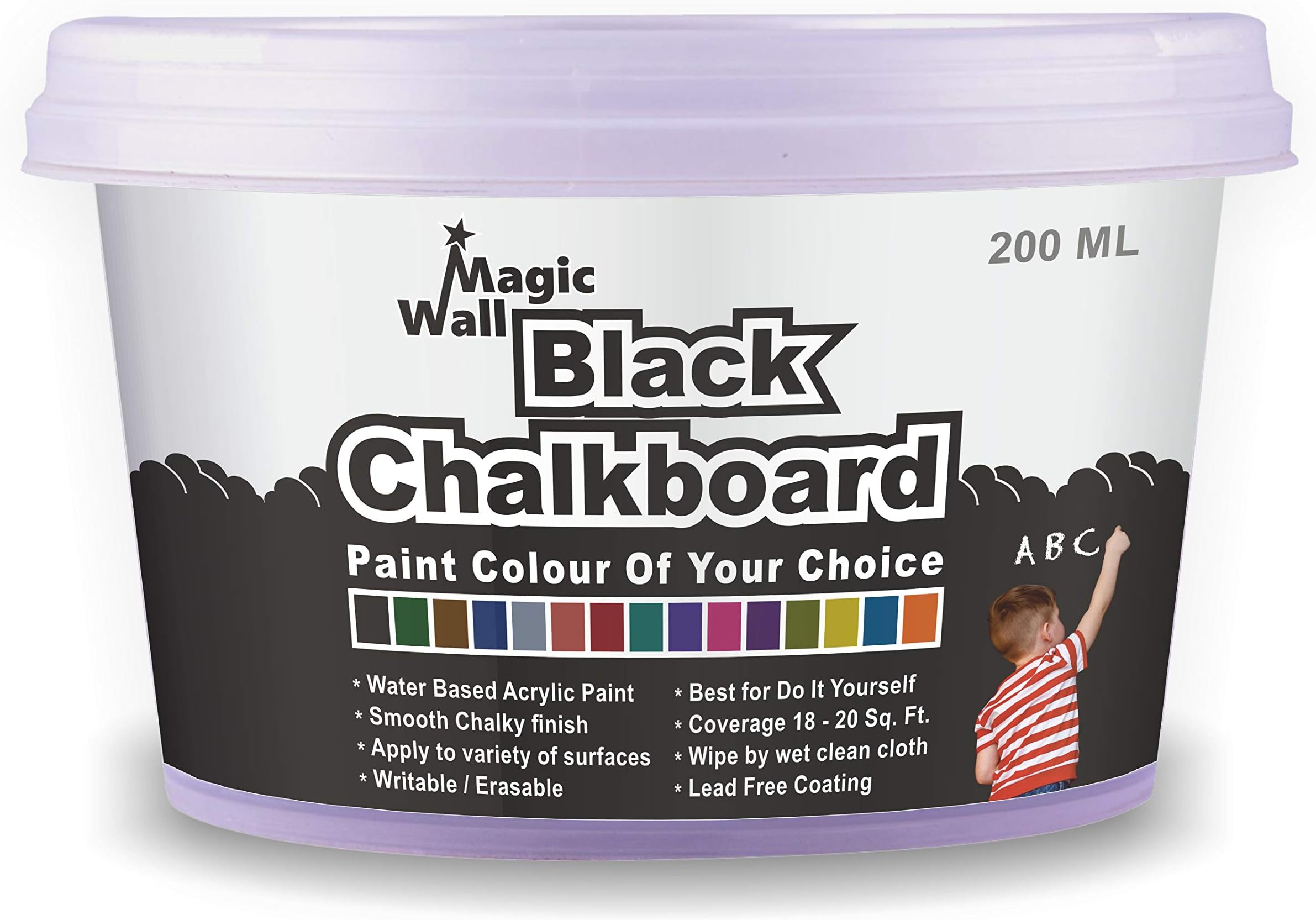 MagicWall Matt Finish Water Base Acrylic Chalkboard Paint (Black, 200 ml, Coverage : 18 to 20 Sq. ft, Apply to Variety of Surfaces Like Walls, Boards, Furniture and Art Work)