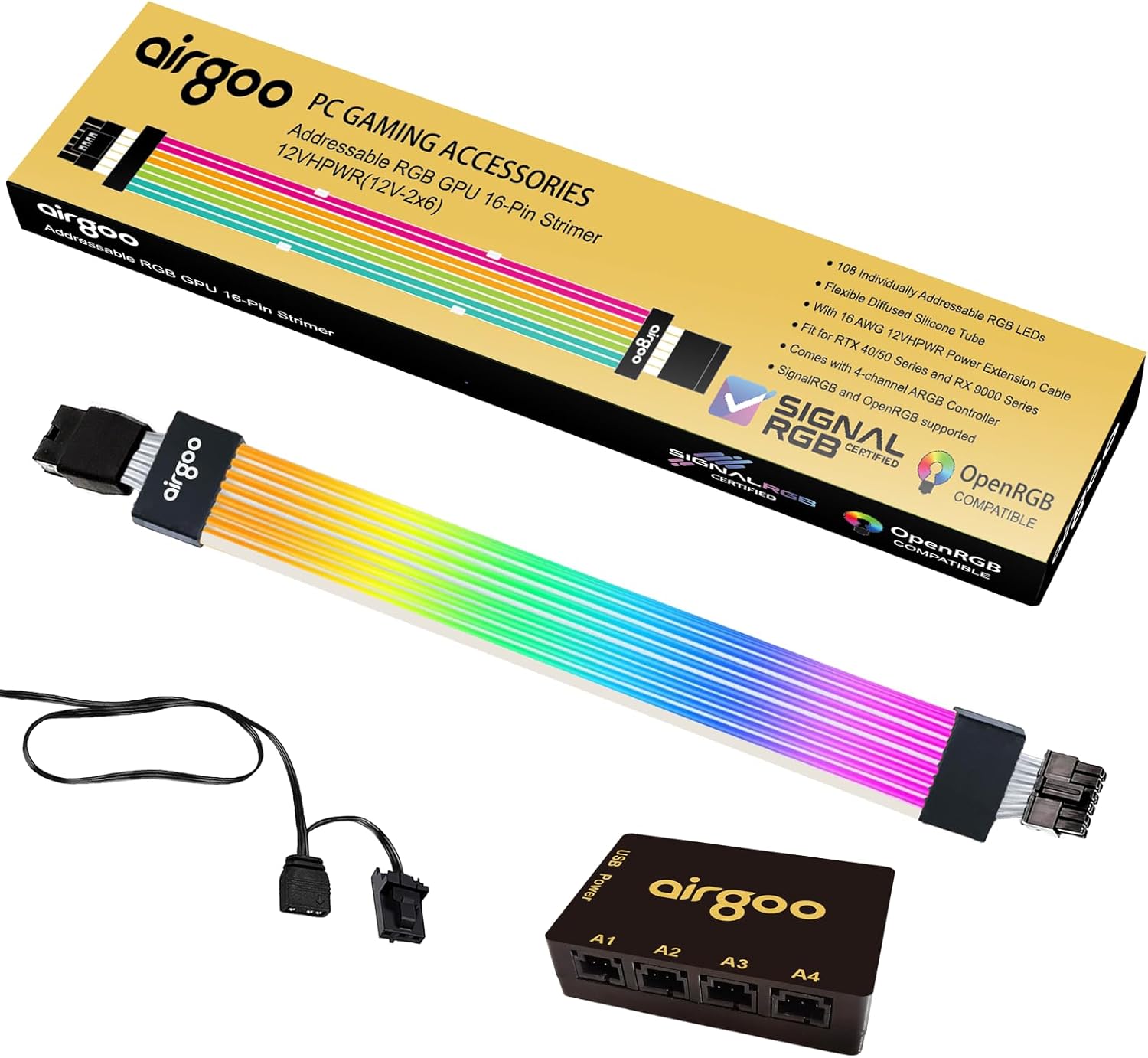 airgoo ATX 24-PIN ARGB Power Extension Cable, 126 High-Density LEDs RGB Strimer, with ARGB Controller (Eliminates Motherboard 120-LED Limit) SignalRGB & OpenRGB Supported, AG-PW24-350W