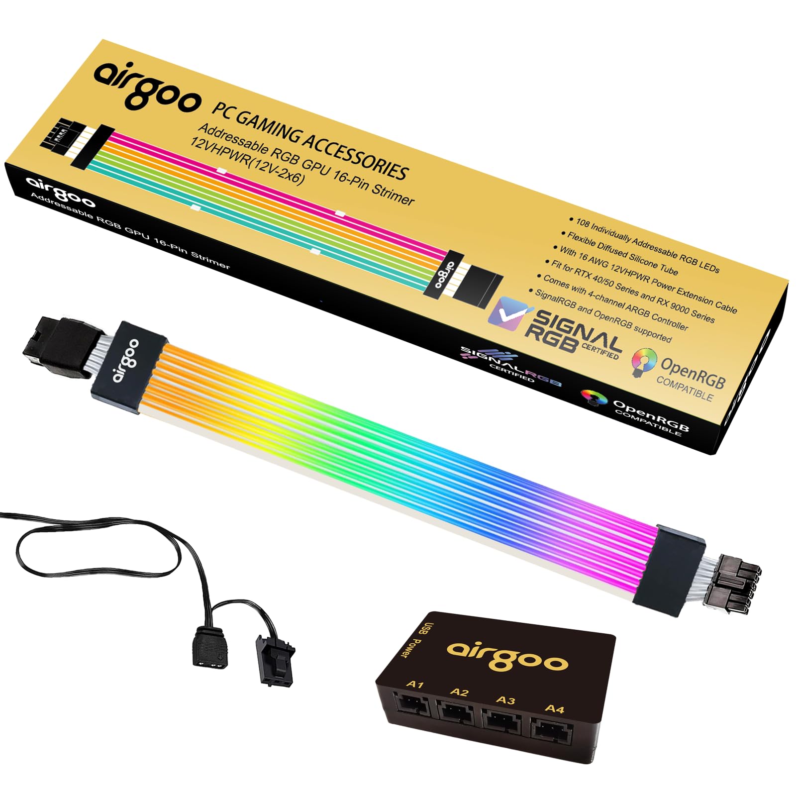 GPU 16-PIN ARGB Power Extension Cable, RGB Strimer with 4-Port SignalRGB Controller, 16AWG Power Cord, High-Density LED Beads, Compatible with SignalRGB & OpenRGB, AG-PW16-600W