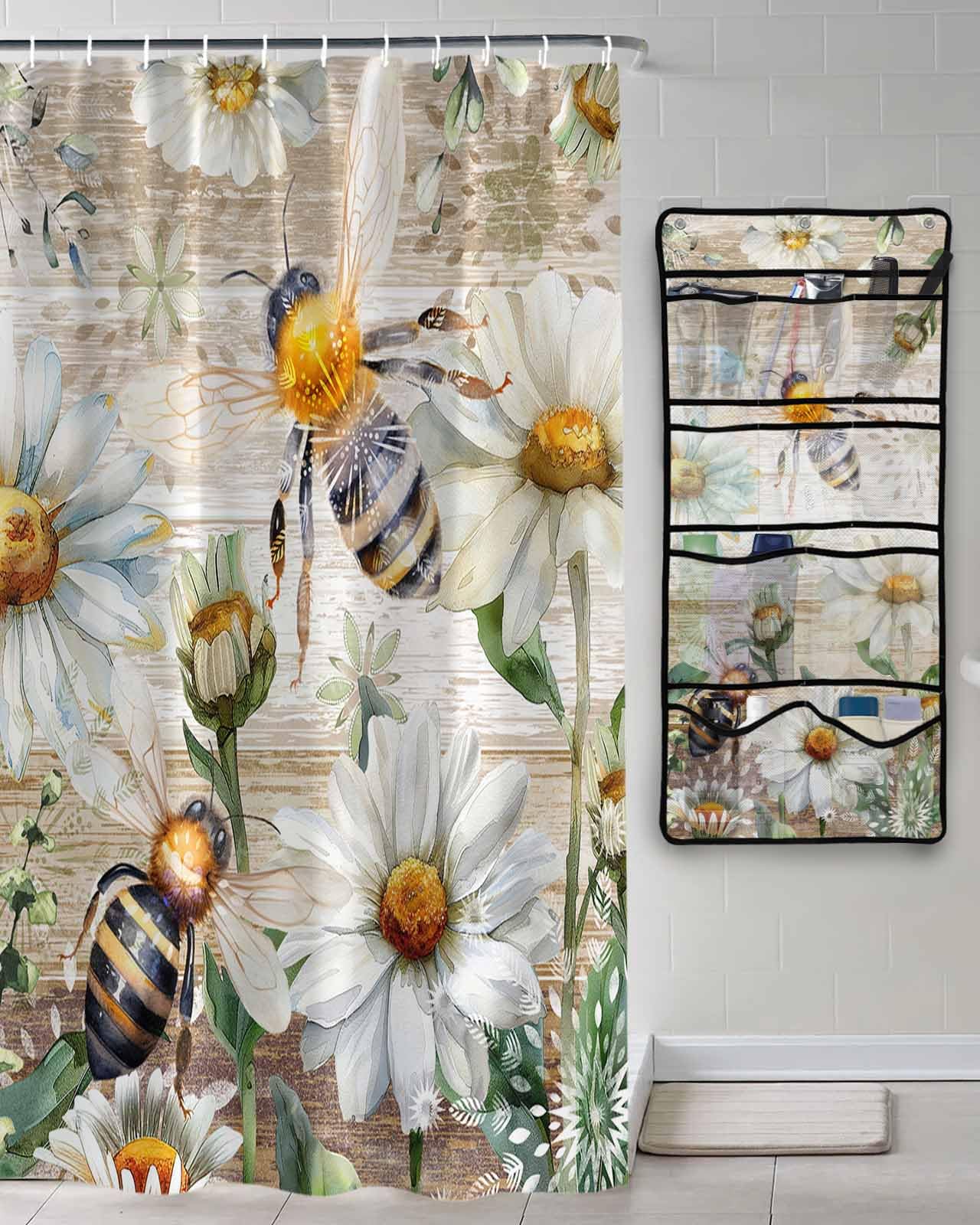 Decorative Shower Curtain Sets Bee Floral Polyester Fabric Waterproof Shower Curtains Farmhouse Daisy Flowers Wood Grain Brown Mesh