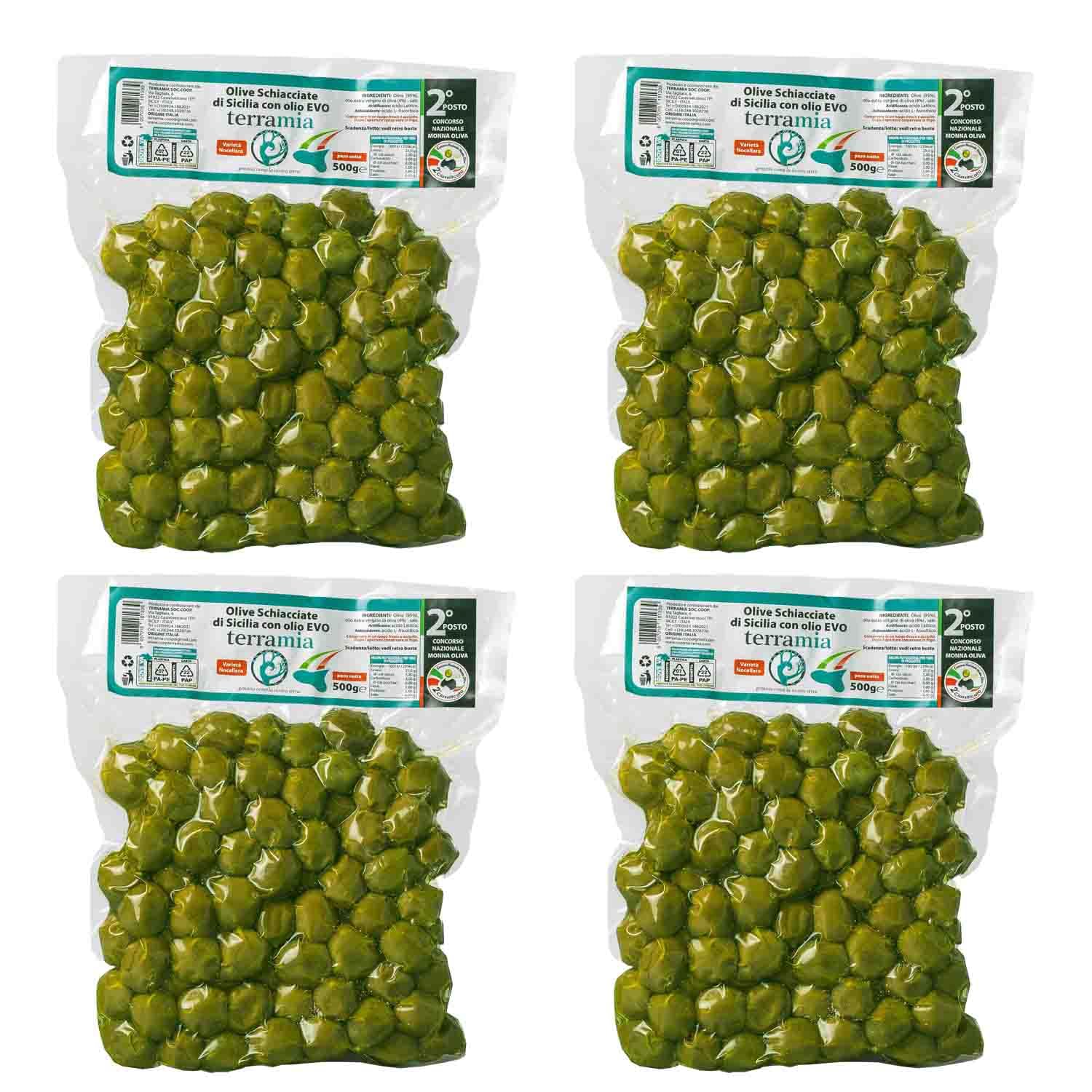 Terramia Olive Verdi di Sicilia "Nocellara" al Naturale in Olio EVO – Prodotto Artigianale da Azienda Premiata Ercole Olivario e Monna Oliva, Formato Scorta 2kg (4 Buste x 500g)