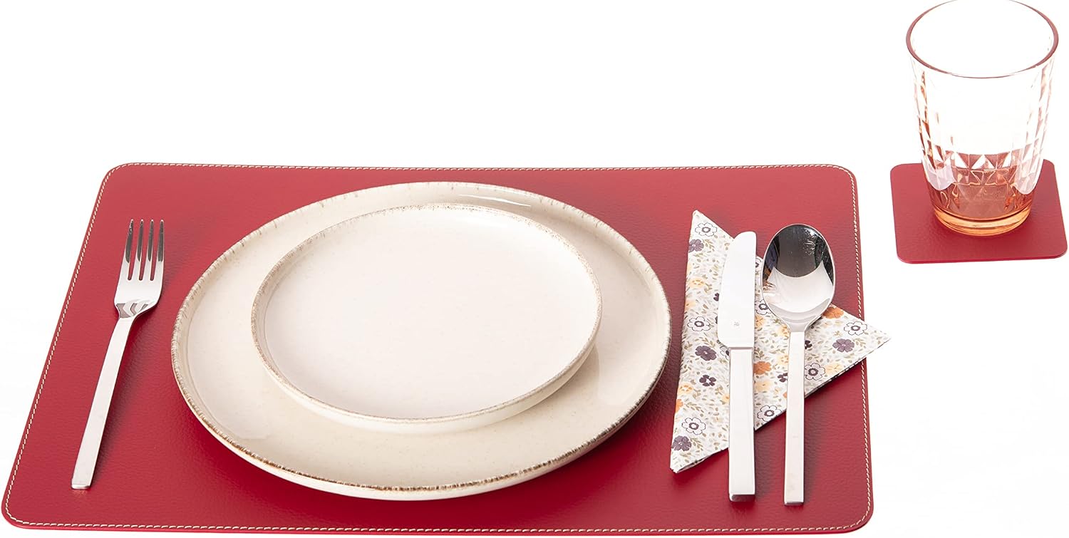 Nikalaz Set of Red Placemats and Coasters, 4 Table Mats and 4 Coasters, Recycled Leather, Place Mats 18'' x 13'' and Coasters 3.9'' x 3.9''