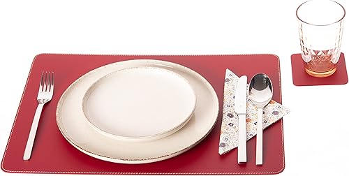 Miniatura 3 de Nikalaz Juego de manteles individuales y posavasos rojos, 4 manteles y 4 posavasos, cuero reciclado, manteles individuales de 18 x 13 pulgadas y