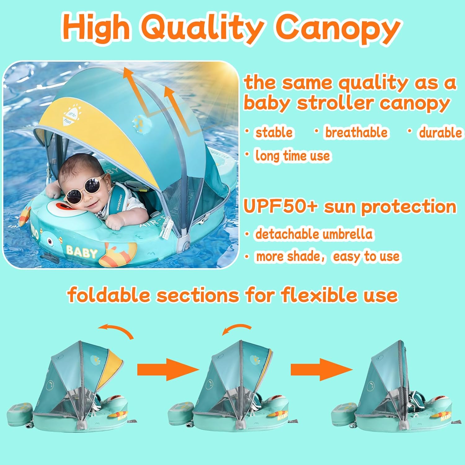 Mambobaby Float with Canopy and Tail New Upgraded Non-Inflatable Baby Pool Float Mambo Float Swim Trainer Solid Infant Swim Float Adjustable Pearl Foam Baby Swim Ring image 4