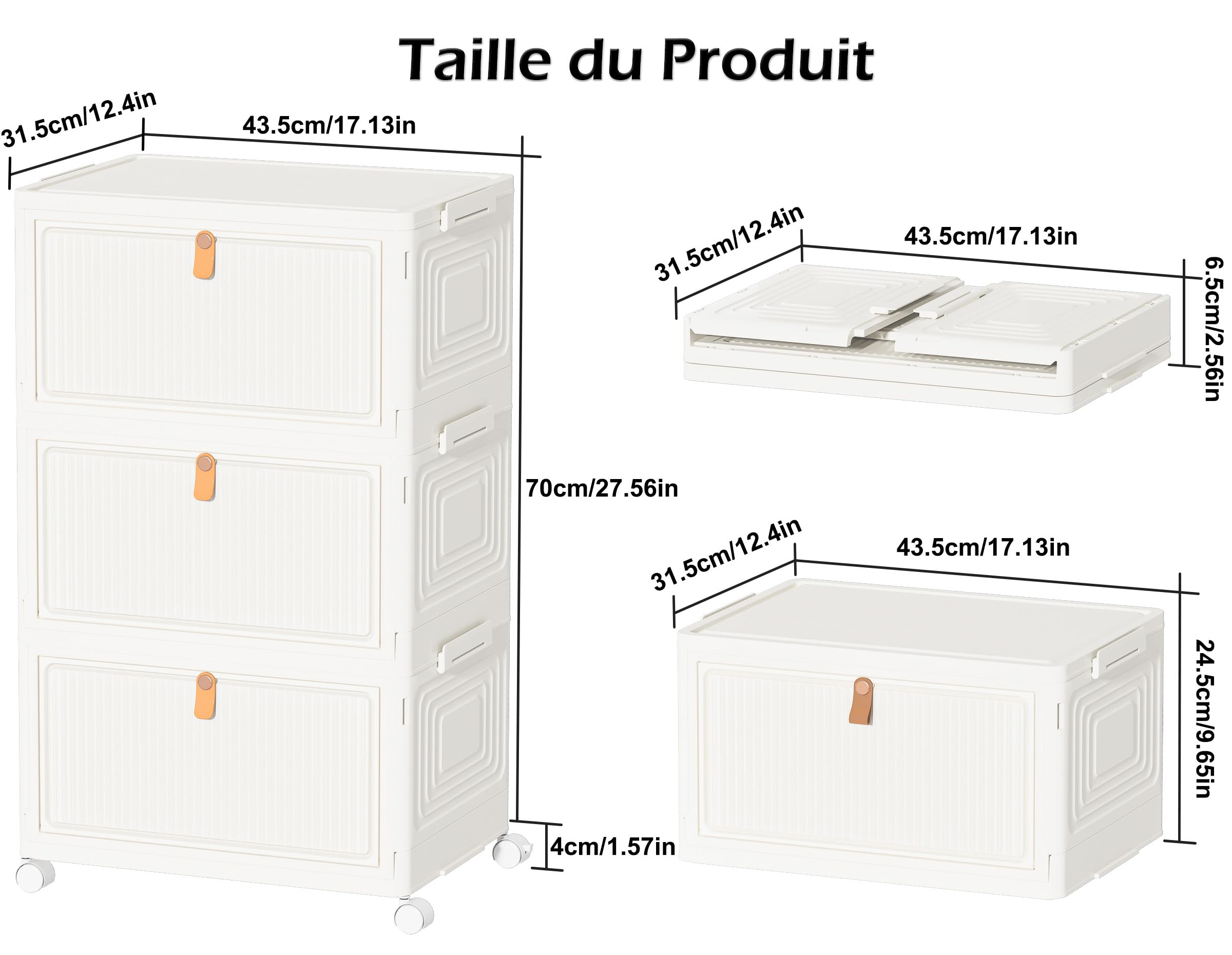 HOMIDEC Boîte Rangement Plastique avec Roues, Meubles de Rangement avec Couvercle, Caisse Rangement Pliante, 33L, 3 Pièces, Convient pour Ranger des Collations, des Jouets, des Vêtements, Laité