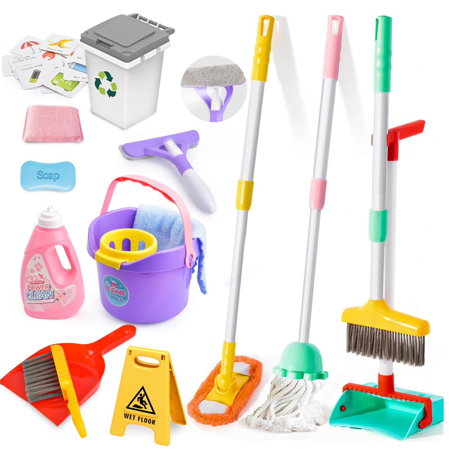 15 PCS Putzset für Kinder,Kleinkind Reinigung Spielzeug Set mit verstellbare Mop Besen & Staubkanne Set,Schaufel, Kinder-Reinigungsset für Kleinkinder,Kinderbesen Set Spielzeug für ab 3 Jahren