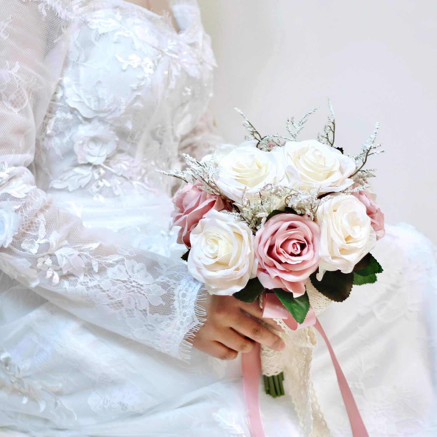 Dusty Pink Wedding Bouquets for Bride Bridesmaid,White Blush Pink Artificial Fake Silk Roses Flowers Bridal Bouquet for Wedding French Vintage Boho Rustic Church Decoration Toss Bouquet (8.6in(M)) - Image 6