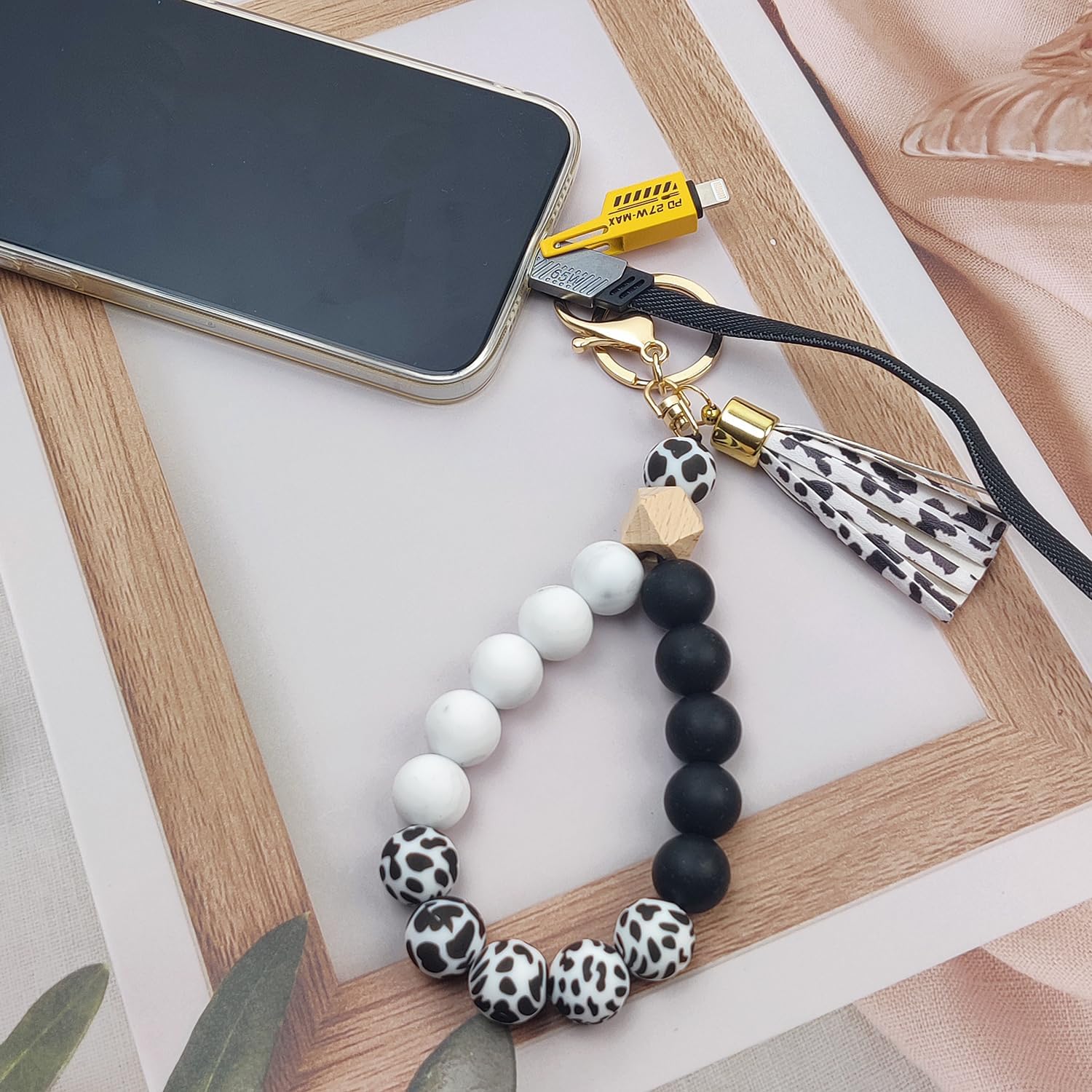 Phone Lanyard Silicone Beaded Phone Wrist Strap Cute Elastic Cell Phone Wristlet Chain Bracelet with 2 Tether Tab - Image 3