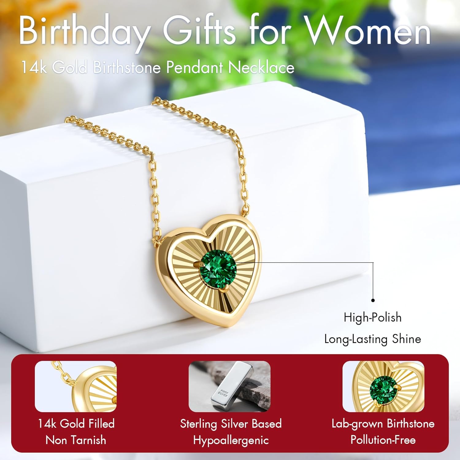 Kstyle 14K Gold Heart Pendant Necklace for Women - Birthstone for Birthday/Valentine's Day Gift, Non Tarnish Statement Jewelry for Wife/Girlfriend/Mom/Daughter (925 Sterling Silver Base) - Image 6