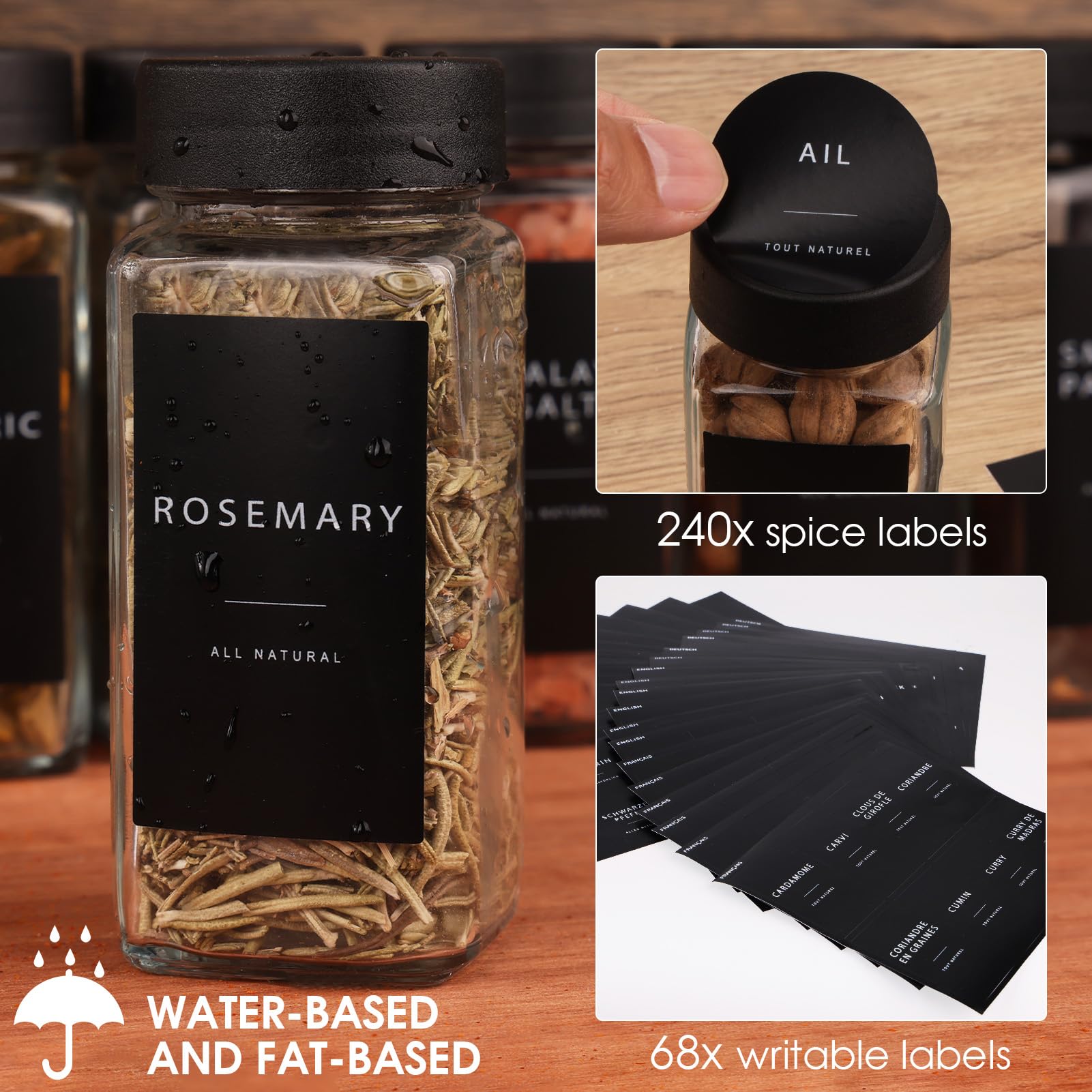 Pot à Épices en Verre et Bois, 25 Pièces Bocaux à Épices avec Étiquettes d'épices Françaises, 120ml Boite à Épices Cuisine Rangement, Bocal Epices avec Tamis, 308 Étiquettes, Entonnoir