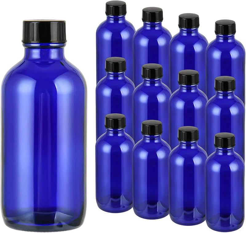 Frascos de vidro Boston Round com tampas Blue UV, 120 mL, pacote com 12