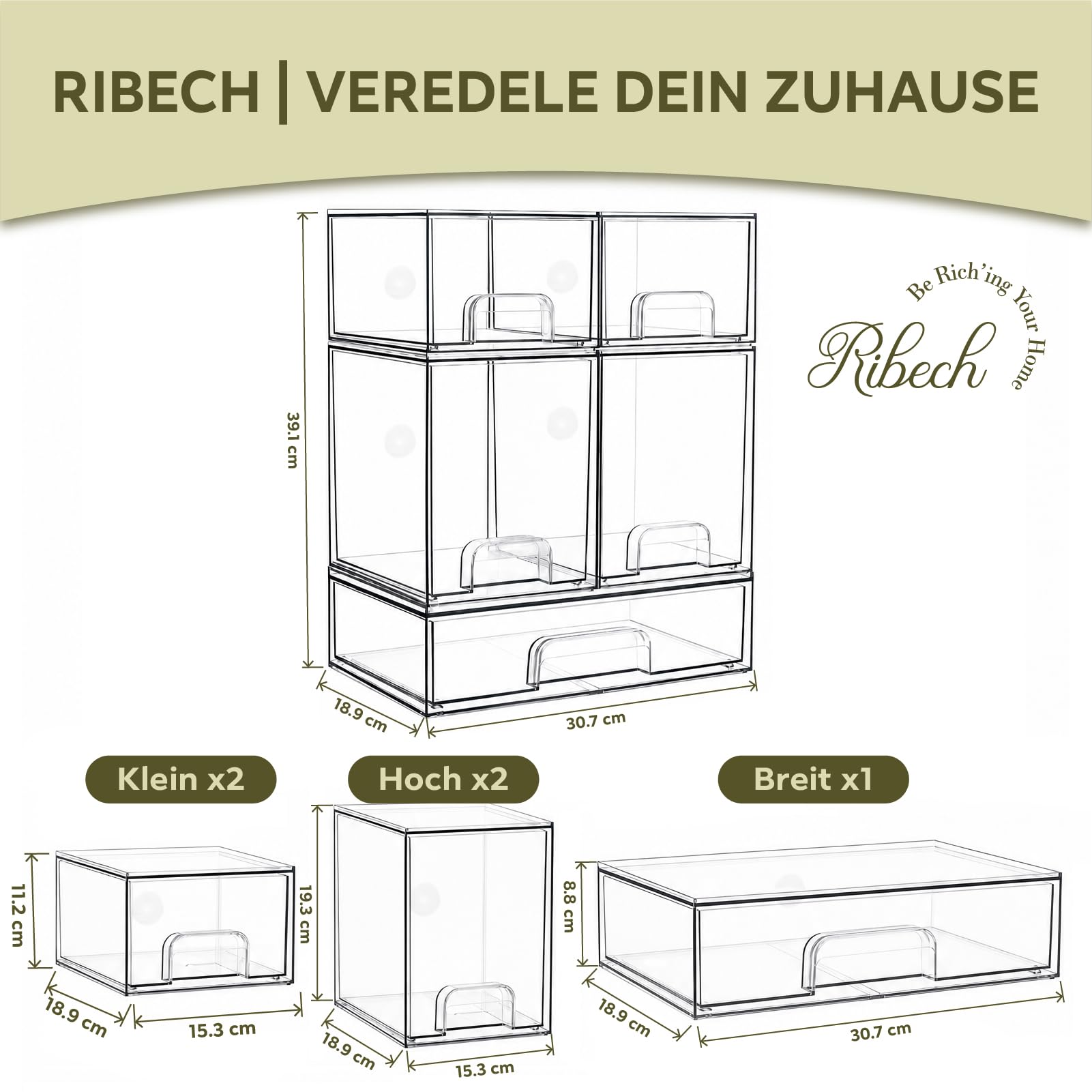 5er-Set Stapelbare Aufbewahrungsschubladen aus Acryl