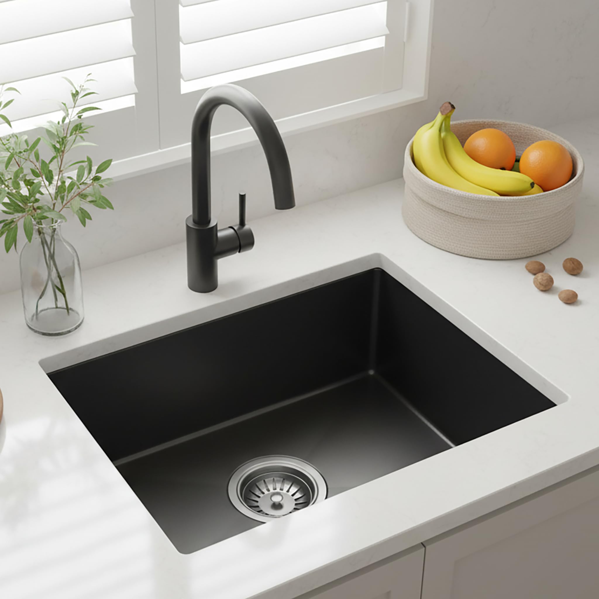 Schwarze 304 Edelstahl Unterbauspüle, Küchenspüle Einzelbecken 20CM Tief mit Ablaufgarnitur, Nano Spülbecken Gunmetal mit X-Drainage & Geräuschdämmung (38 * 30 cm)