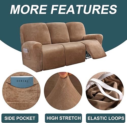 Miniatura 3 de Funda de terciopelo de 8 piezas para sofá reclinable de 3 asientos, fundas para sofás reclinables, fundas protectoras de muebles, lavable a máquina