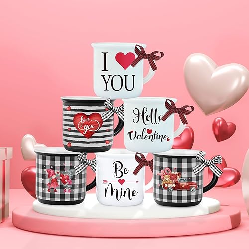 EYNDYN 6 tazas de café de Navidad con cinta, color negro y blanco a cuadros, mini taza de Navidad, bandeja escalonada, decoración para centros de