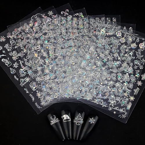 Miniatura 7 de Calcomanías de uñas de Navidad 3D autoadhesivas holográficas de copo de nieve láser plateado árbol de Navidad estrellas alces diseño de caramelo