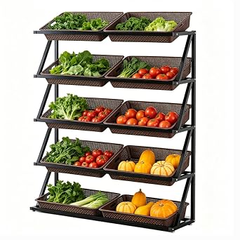 4 5Tier Supermarket Storage Rack with 8 10 Baskets,Commercial Supermarket Fruit Vegetable Shelf Organizer Retail Display Rack Market Shelf Vegetable Storage Basket Brown 5Tier