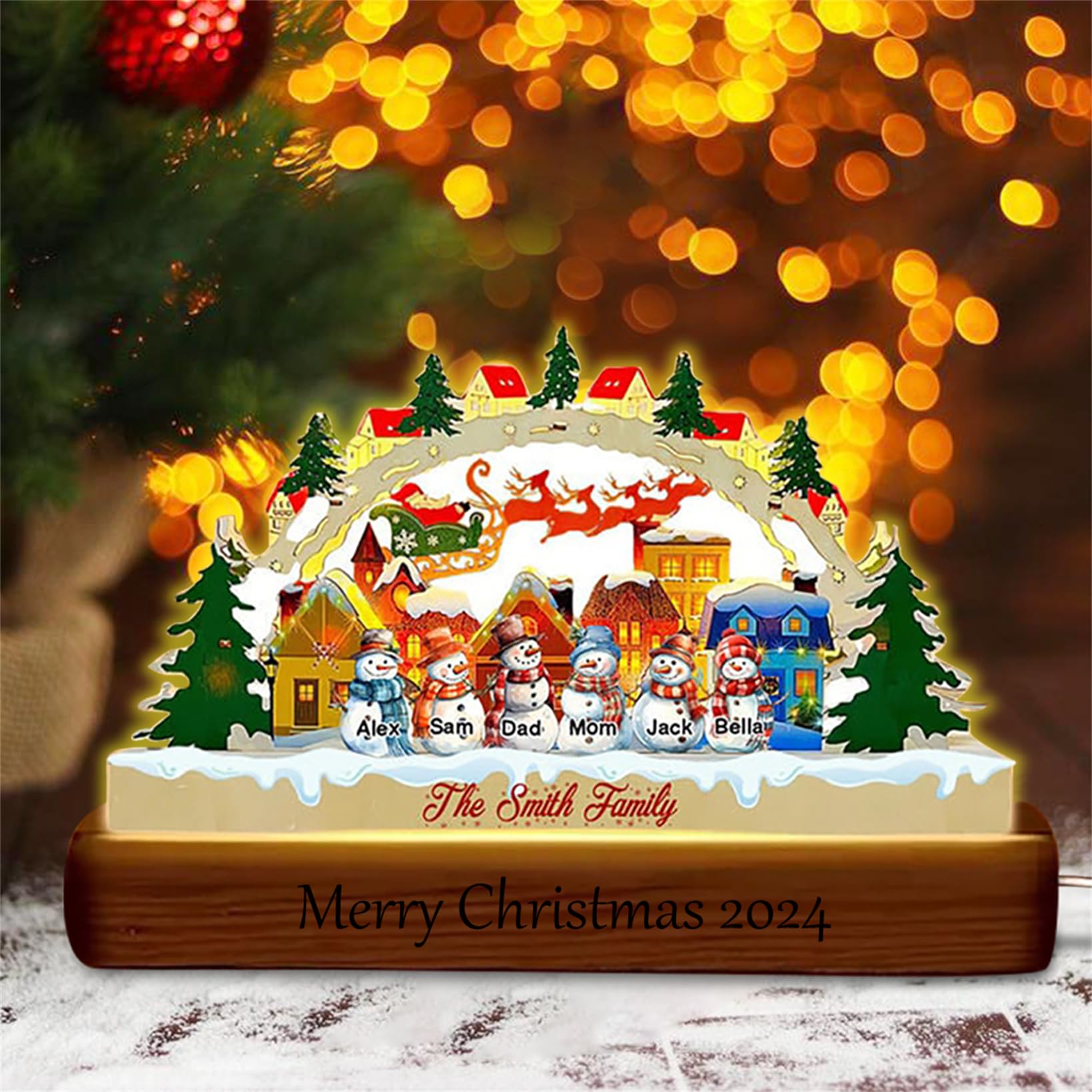 Collienght Personalized Snowman Family Acrylic Night Lights with 1-15 Child's Names Christmas Snowy Village LED Lamp Winter Holiday House Church Table USB Light for Grandma Grandpa Mom Dad Lover Wife
