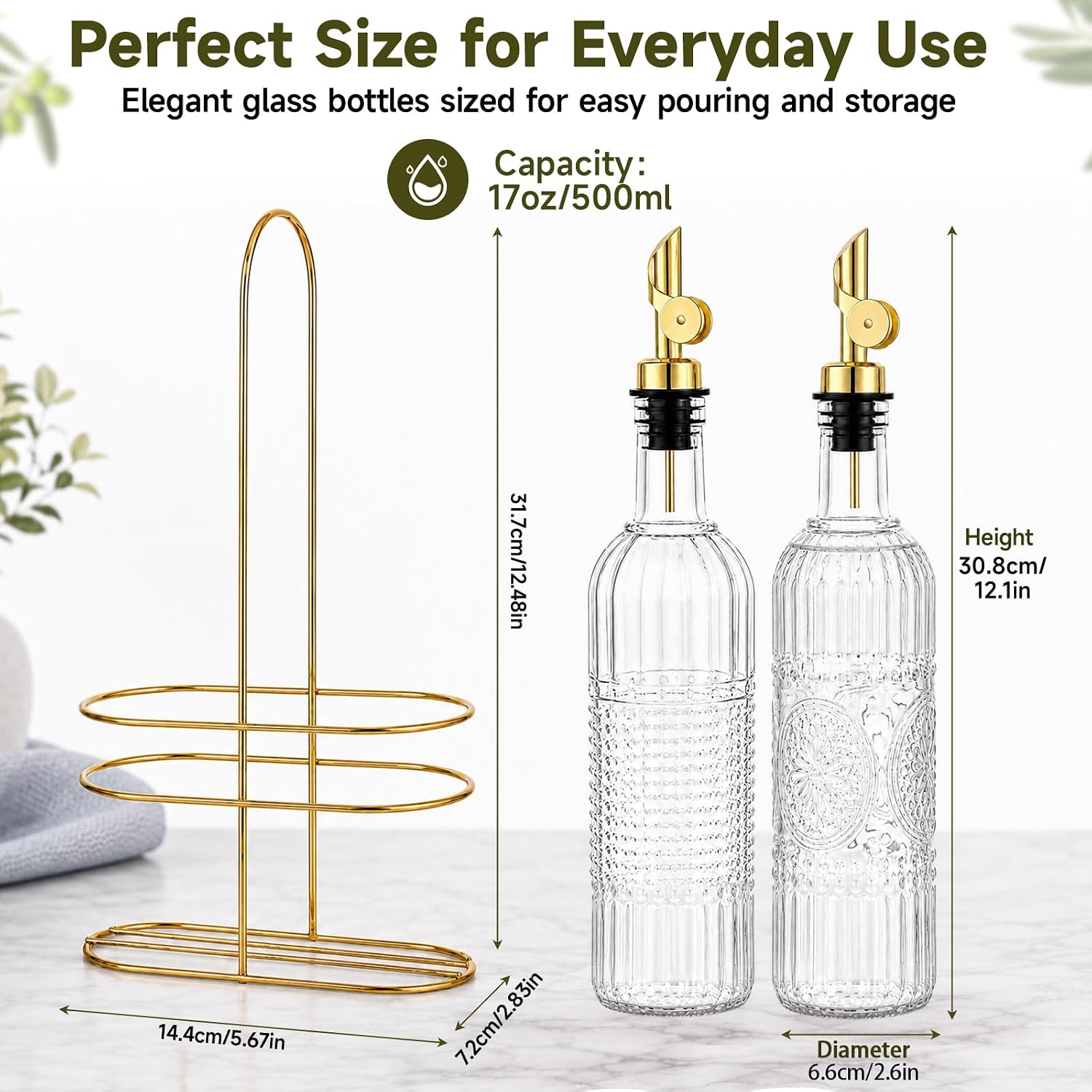 2 Pcs Olive Oil Dispenser Bottle with Gravity Auto Flip Spout, 17oz BPA-Free Glass Cooking Oil Dispenser for Kitchen with 2 Auto Pourers, 1 Metal Support, 1 Funnel(Polka Dots + Sunflowers) image 3